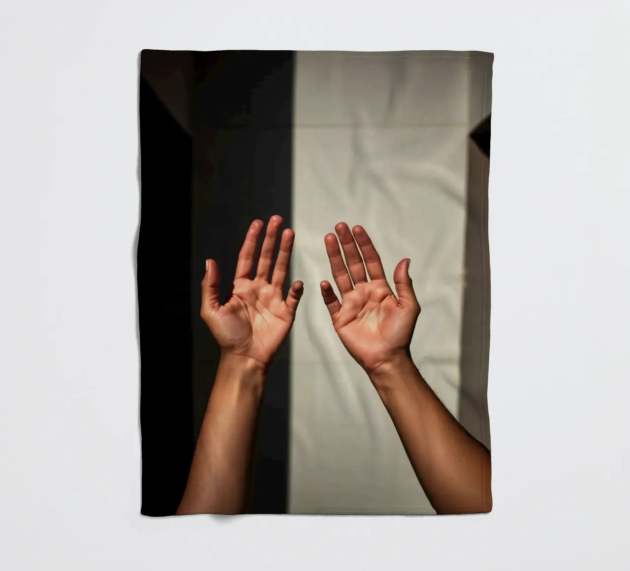 Hands reaching towards light in a minimalist setting fleece blanket by DesignDoodle
