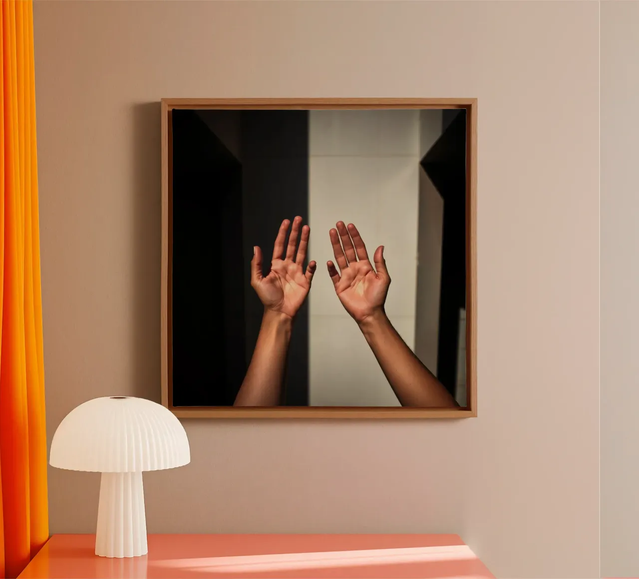 Hands reaching towards light in a minimalist setting canvas by DesignDoodle