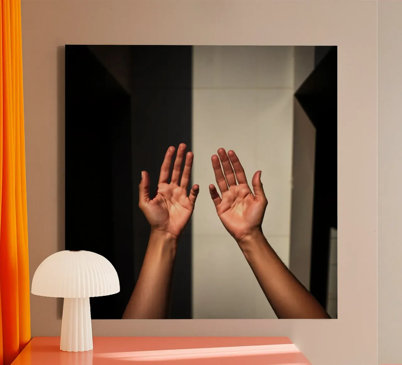 Hands reaching towards light in a minimalist setting canvas by DesignDoodle