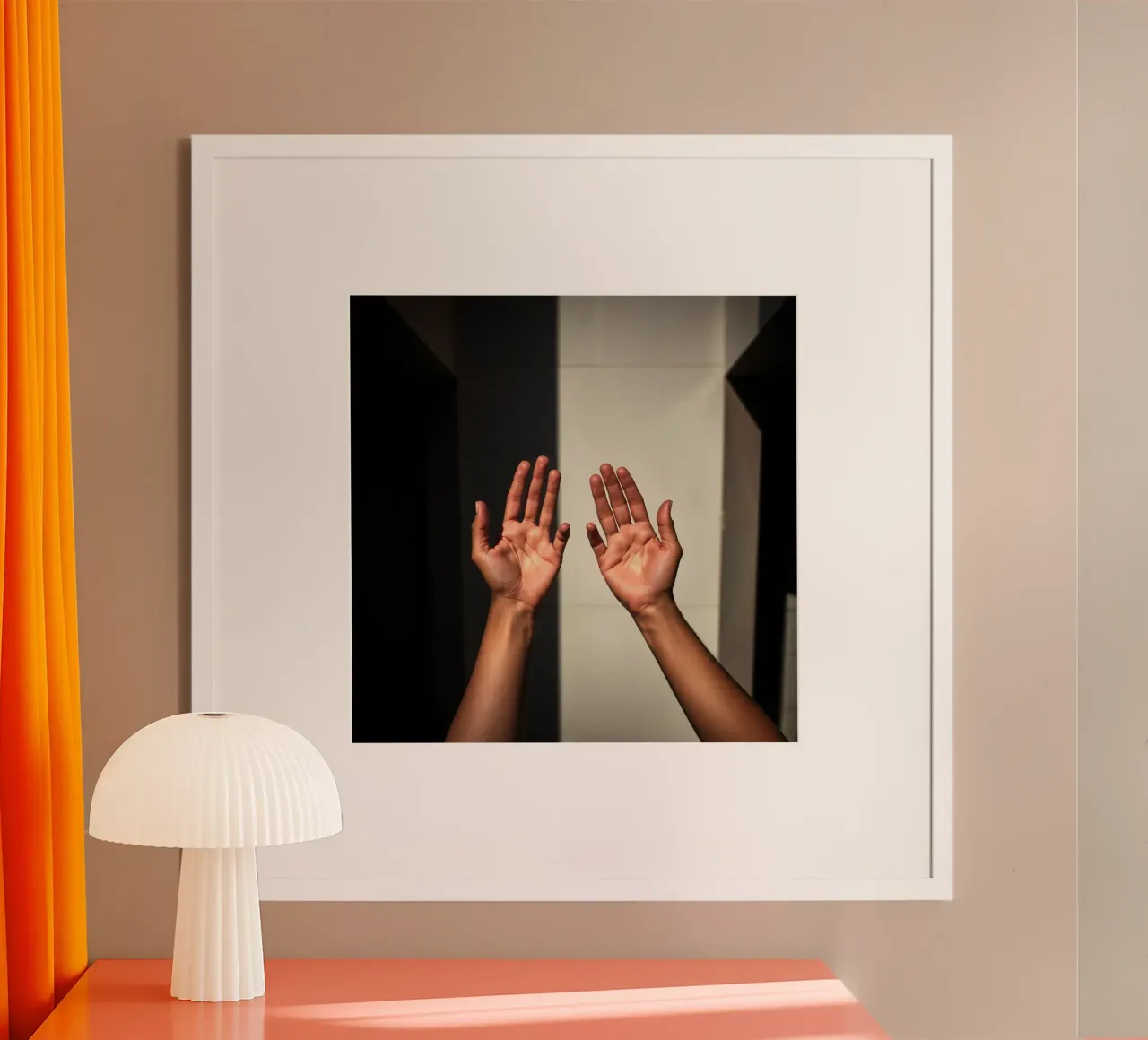 Hands reaching towards light in a minimalist setting hahnemühle by DesignDoodle