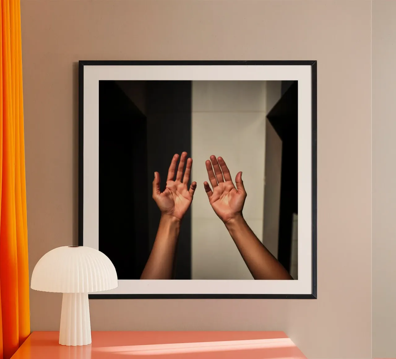 Hands reaching towards light in a minimalist setting hahnemühle by DesignDoodle