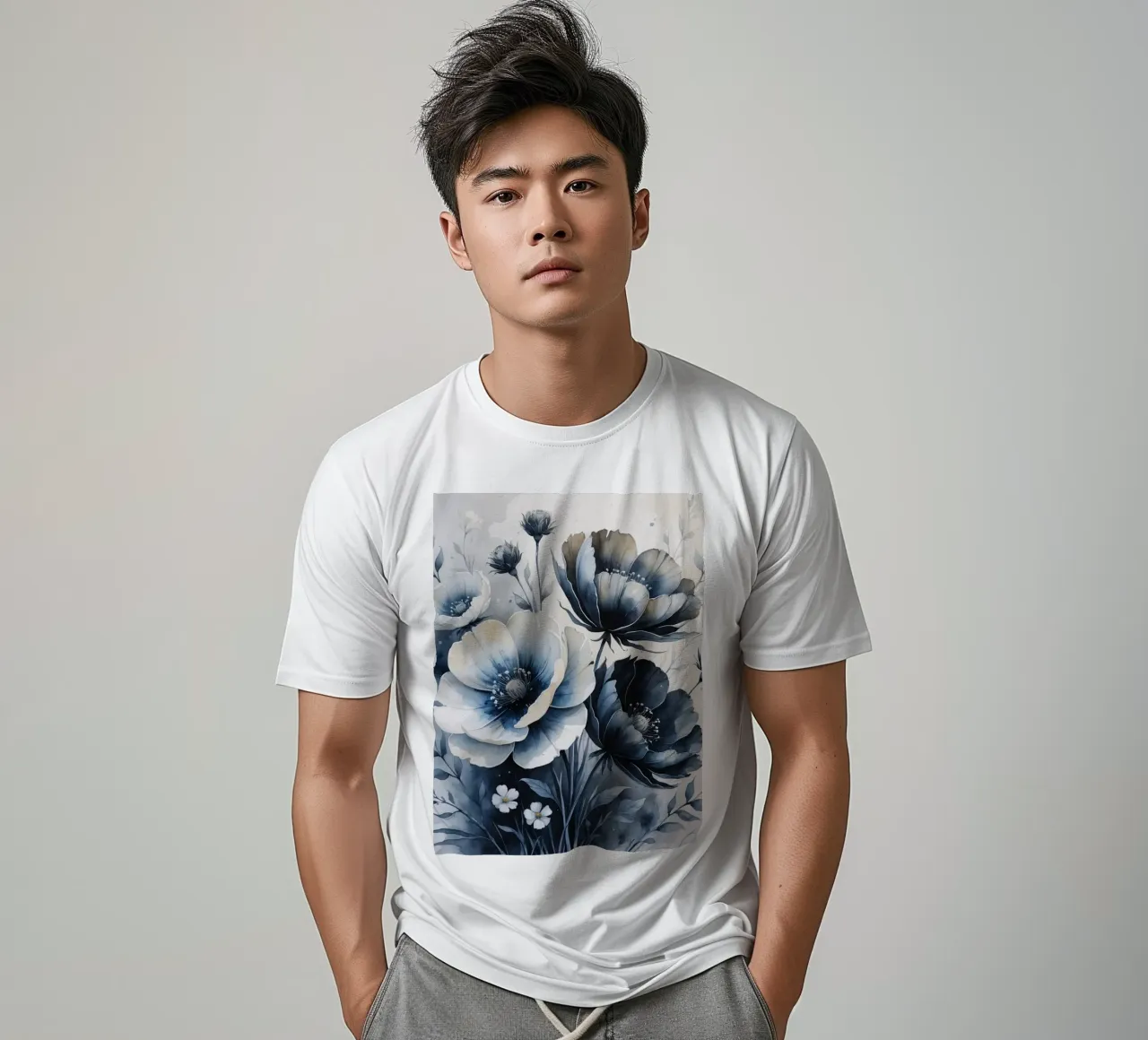 Composizione floreale con fiori bianchi e blu t-shirt da DesignDoodle