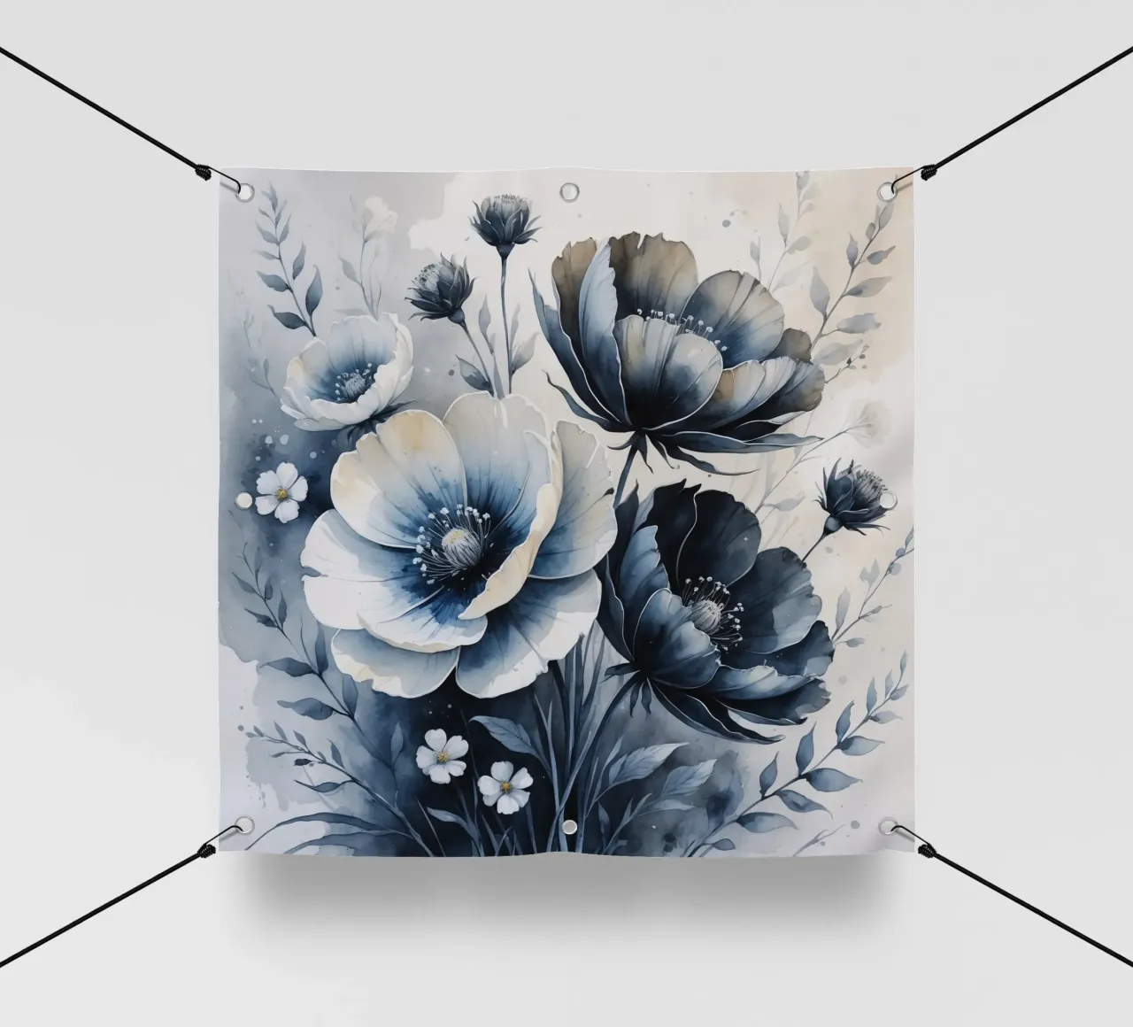 Composizione floreale con fiori bianchi e blu telo in pvc da DesignDoodle