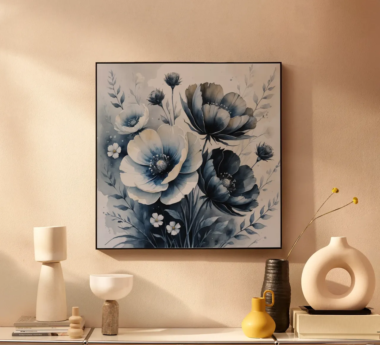 Composizione floreale con fiori bianchi e blu alluminio dibond da DesignDoodle