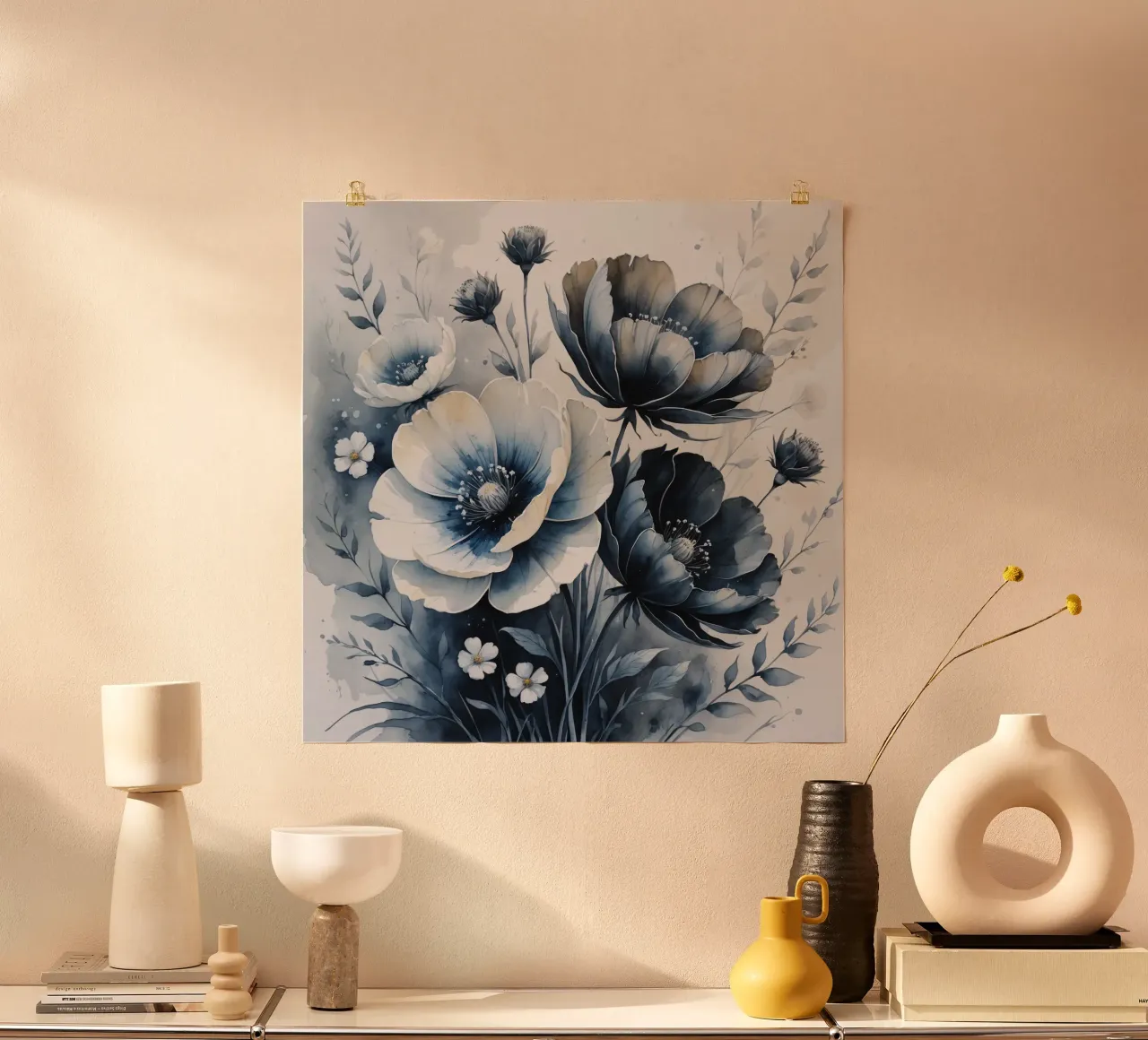 Composizione floreale con fiori bianchi e blu poster da DesignDoodle