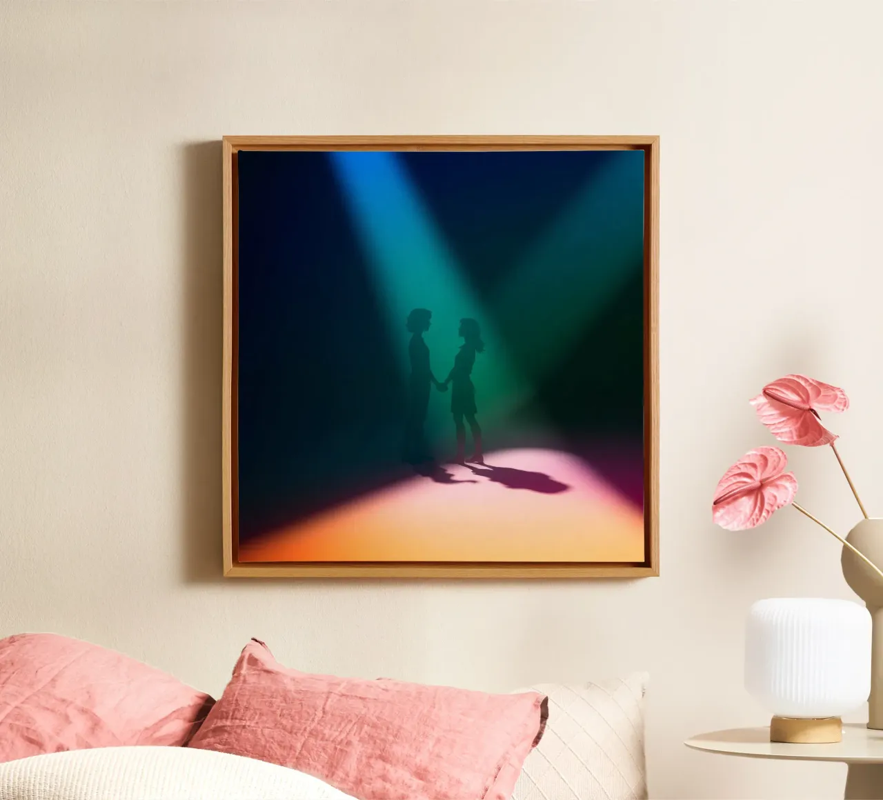 Twee figuren houden elkaars hand vast onder kleurrijke podiumverlichting canvas met Baklijst van DesignDoodle