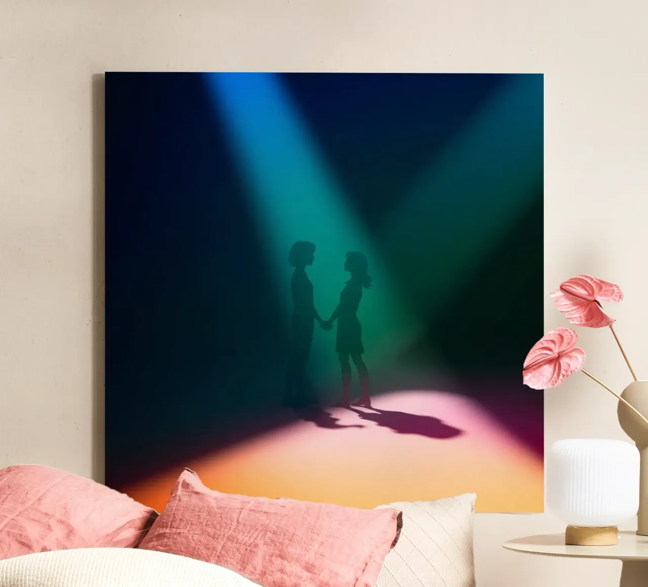 Twee figuren houden elkaars hand vast onder kleurrijke podiumverlichting canvas met Baklijst van DesignDoodle