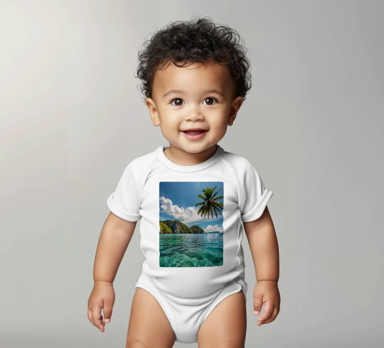 Paesaggio tropicale con acque azzurre e palme. body neonato maniche corte da DesignDoodle