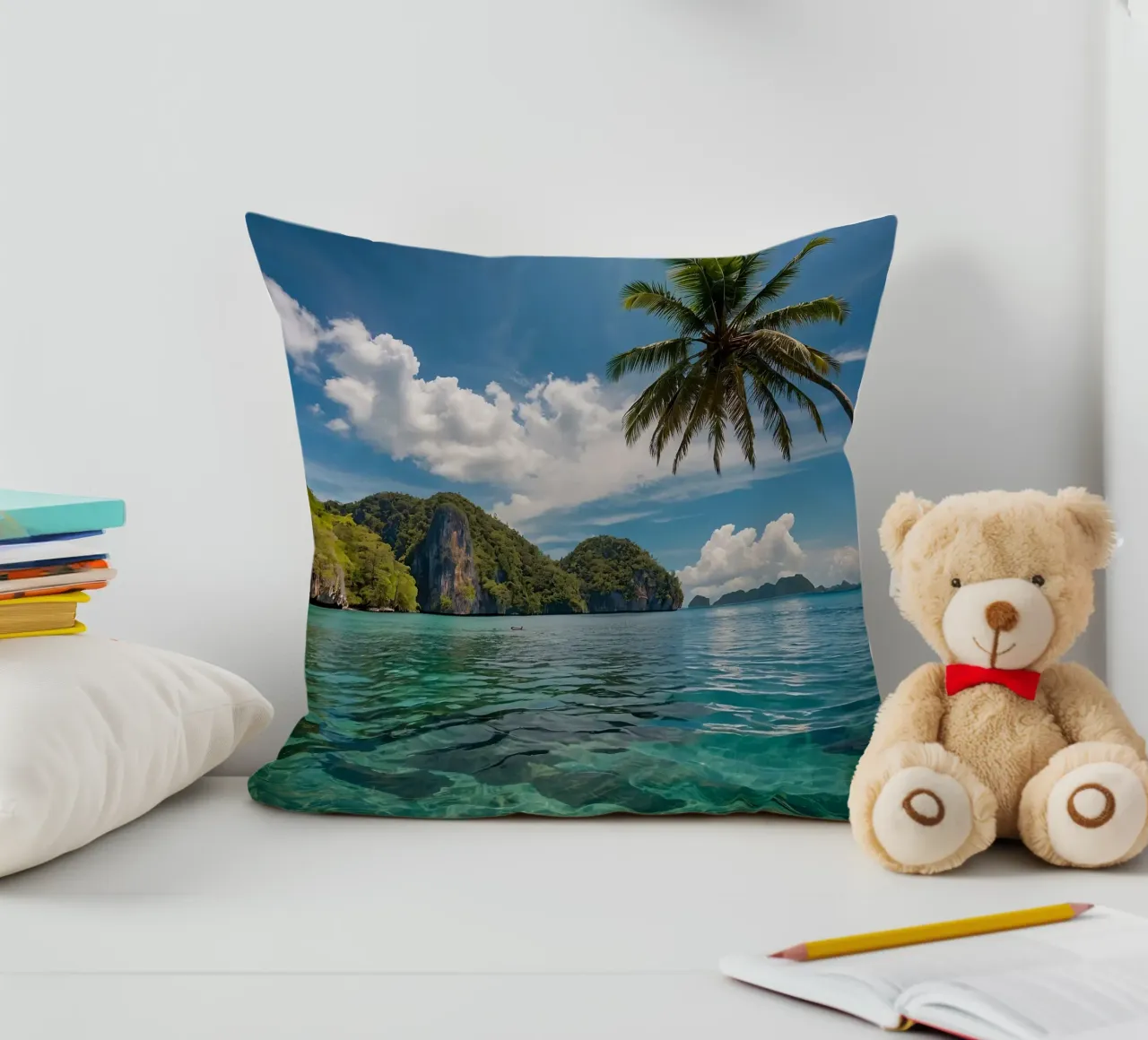 Paesaggio tropicale con acque azzurre e palme. cuscino da DesignDoodle