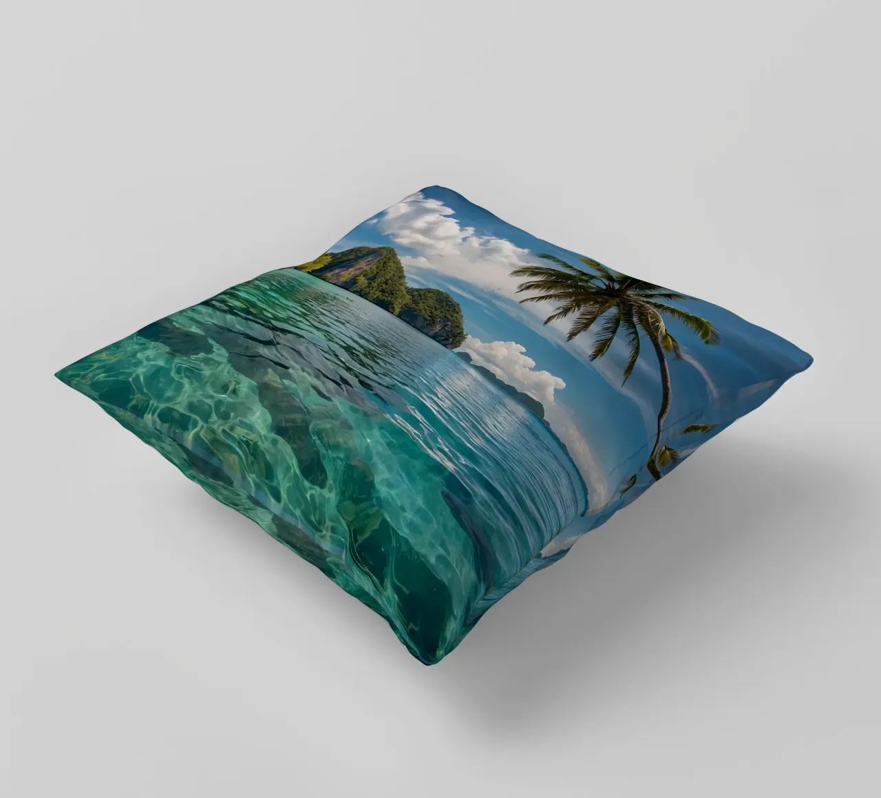 Paesaggio tropicale con acque azzurre e palme. cuscino da DesignDoodle