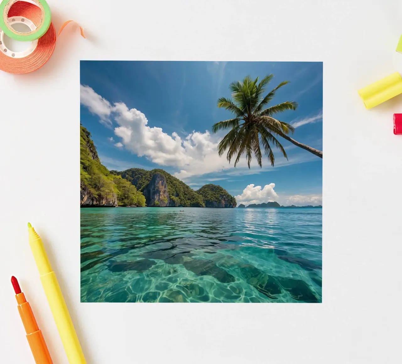 Paisaje tropical de aguas cristalinas y palmeras. pegatina de DesignDoodle