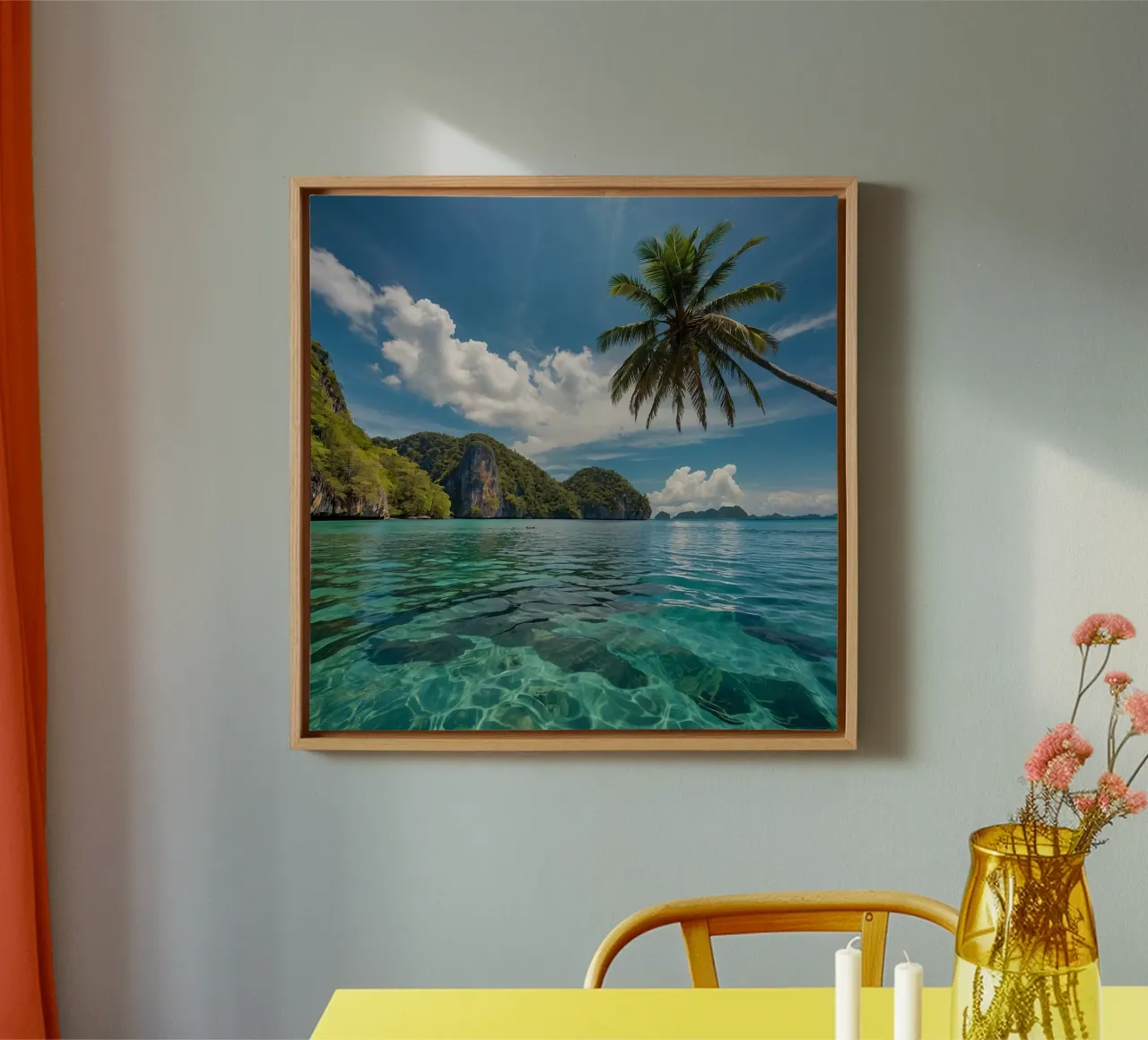 Paesaggio tropicale con acque azzurre e palme. tela con Cornice a cassetta da DesignDoodle
