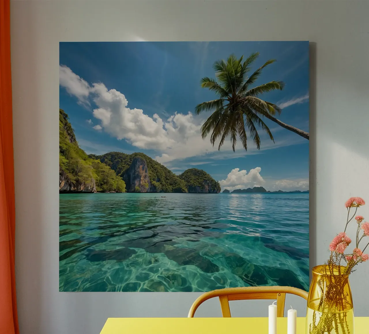 Paesaggio tropicale con acque azzurre e palme. tela con Cornice a cassetta da DesignDoodle