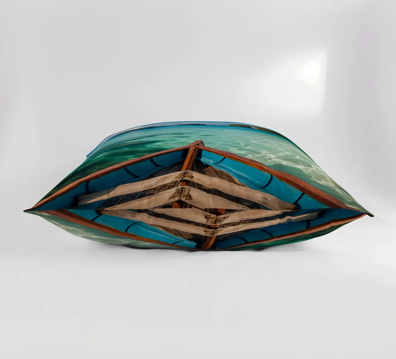 Serenity of wooden boat gliding through crystal clear water decorative cushion by DesignDoodle