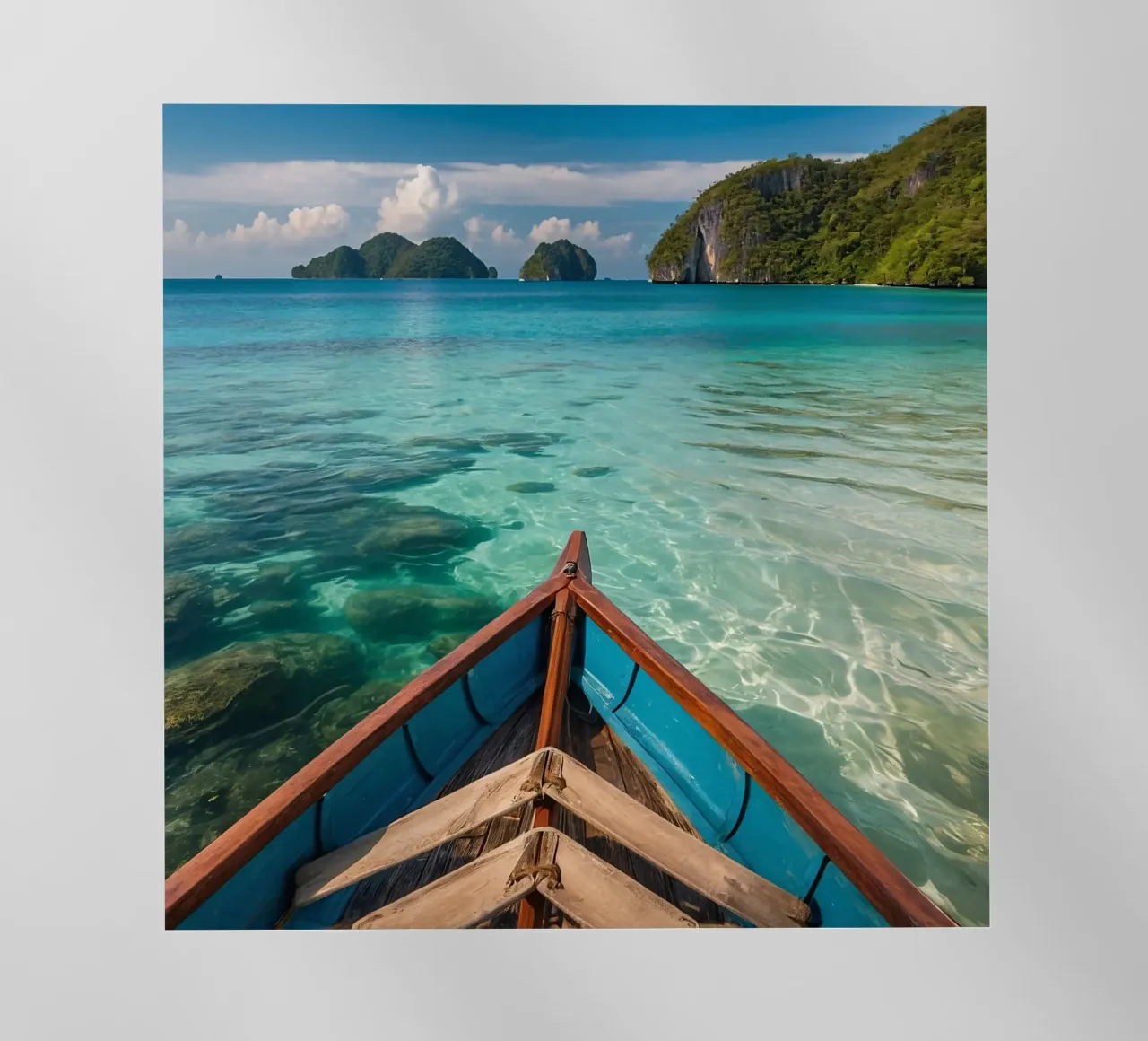 Serenity of wooden boat gliding through crystal clear water backlit film by DesignDoodle