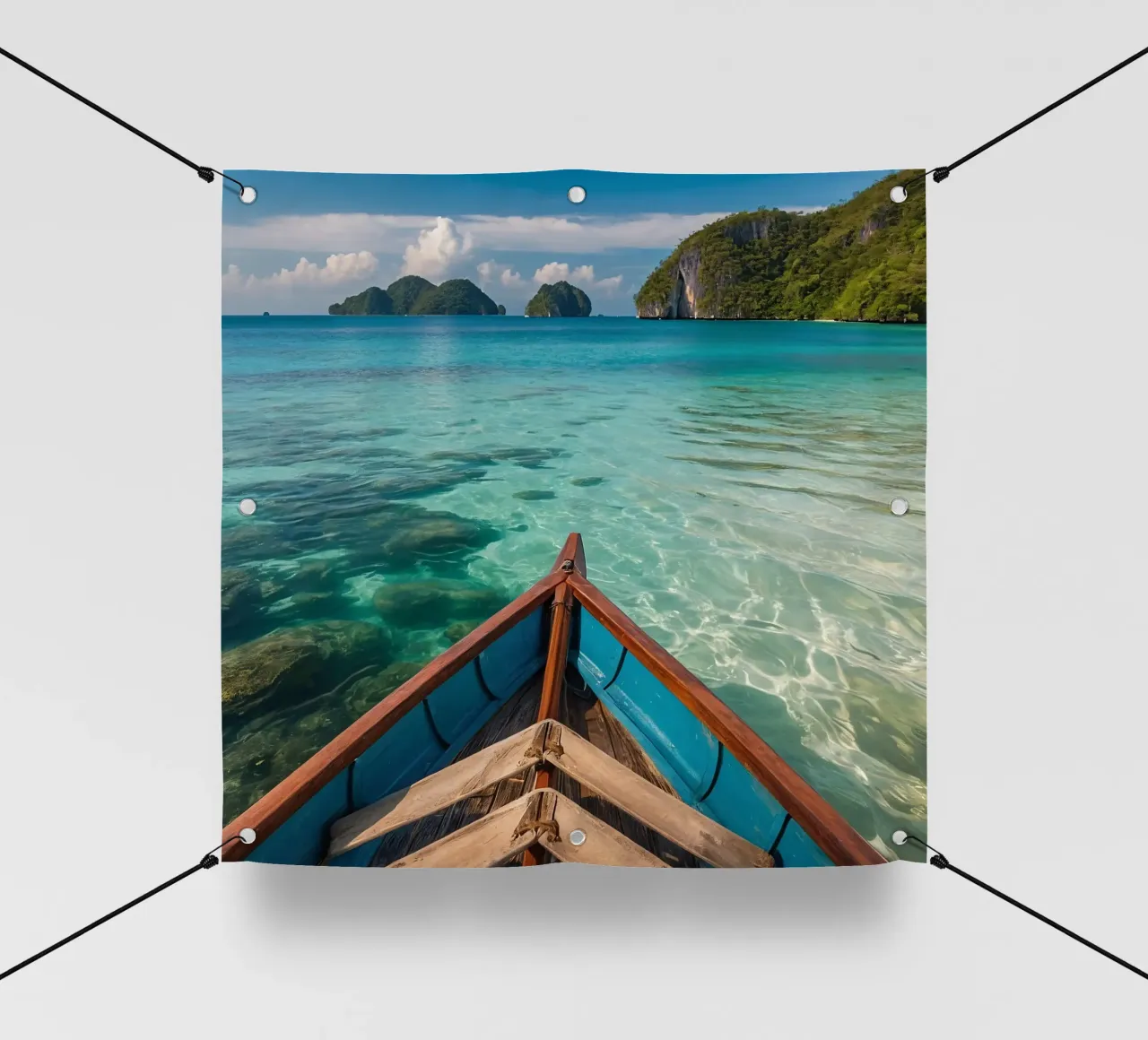 Serenity of wooden boat gliding through crystal clear water pvc cover by DesignDoodle