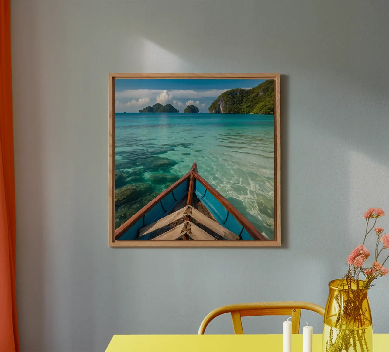 Serenity of wooden boat gliding through crystal clear water forex plate by DesignDoodle