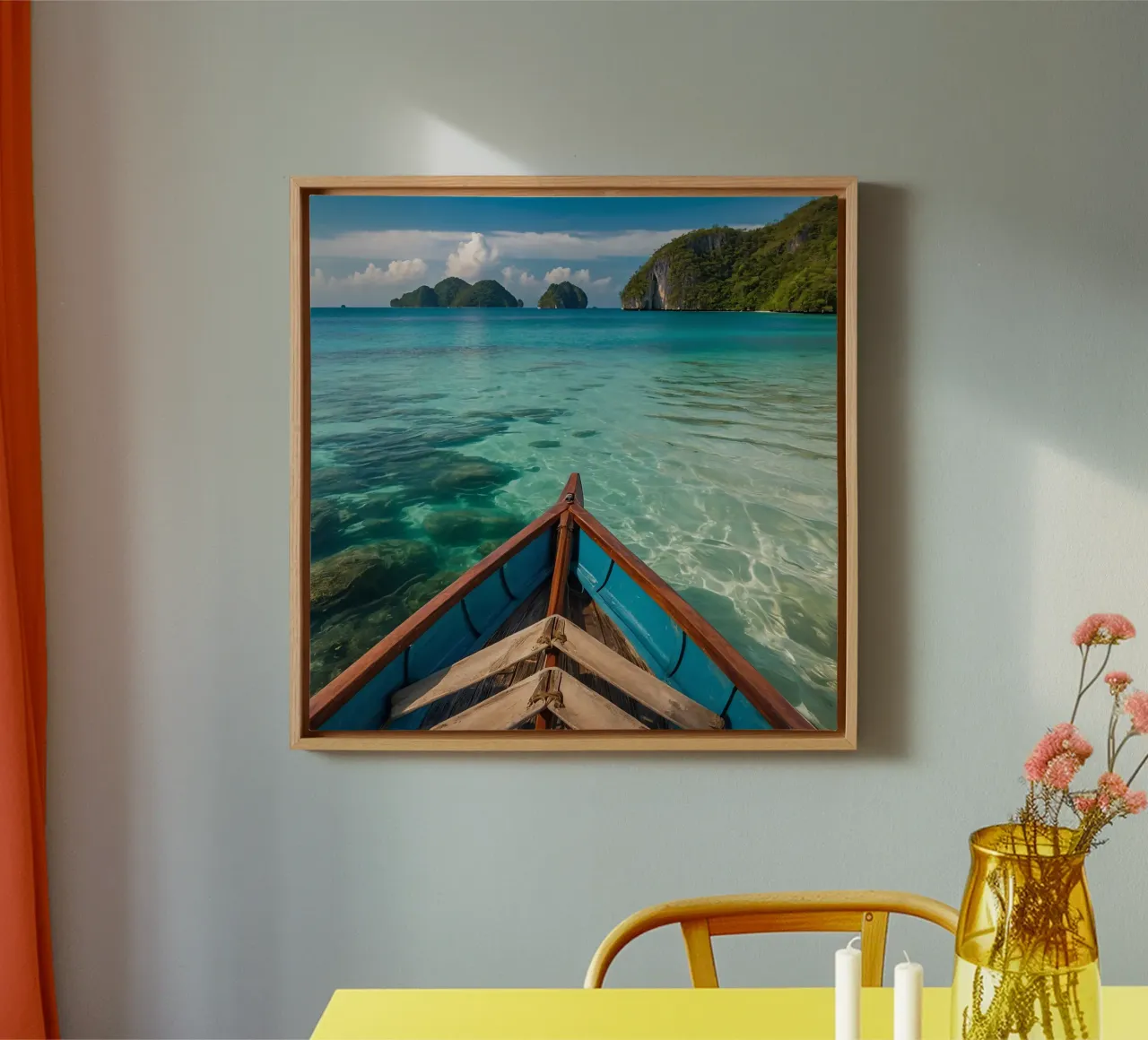 Serenity of wooden boat gliding through crystal clear water canvas with Floater frame by DesignDoodle