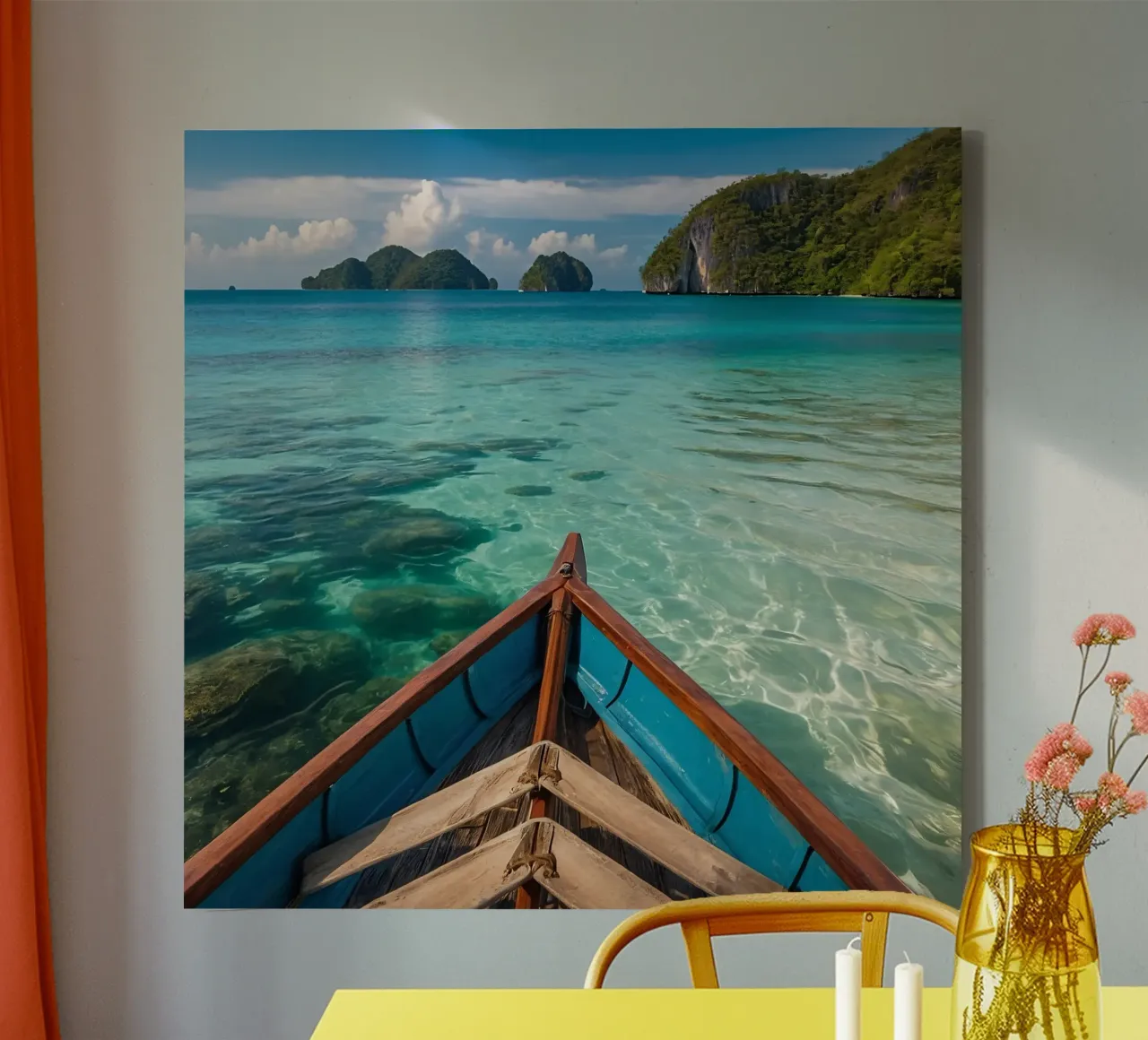 Serenity of wooden boat gliding through crystal clear water canvas with Floater frame by DesignDoodle