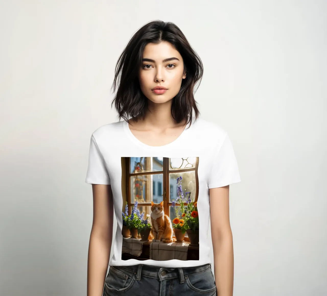 Ginger cat resting windowsill surrounded by colorful flow women's fitted t-shirt by DesignDoodle