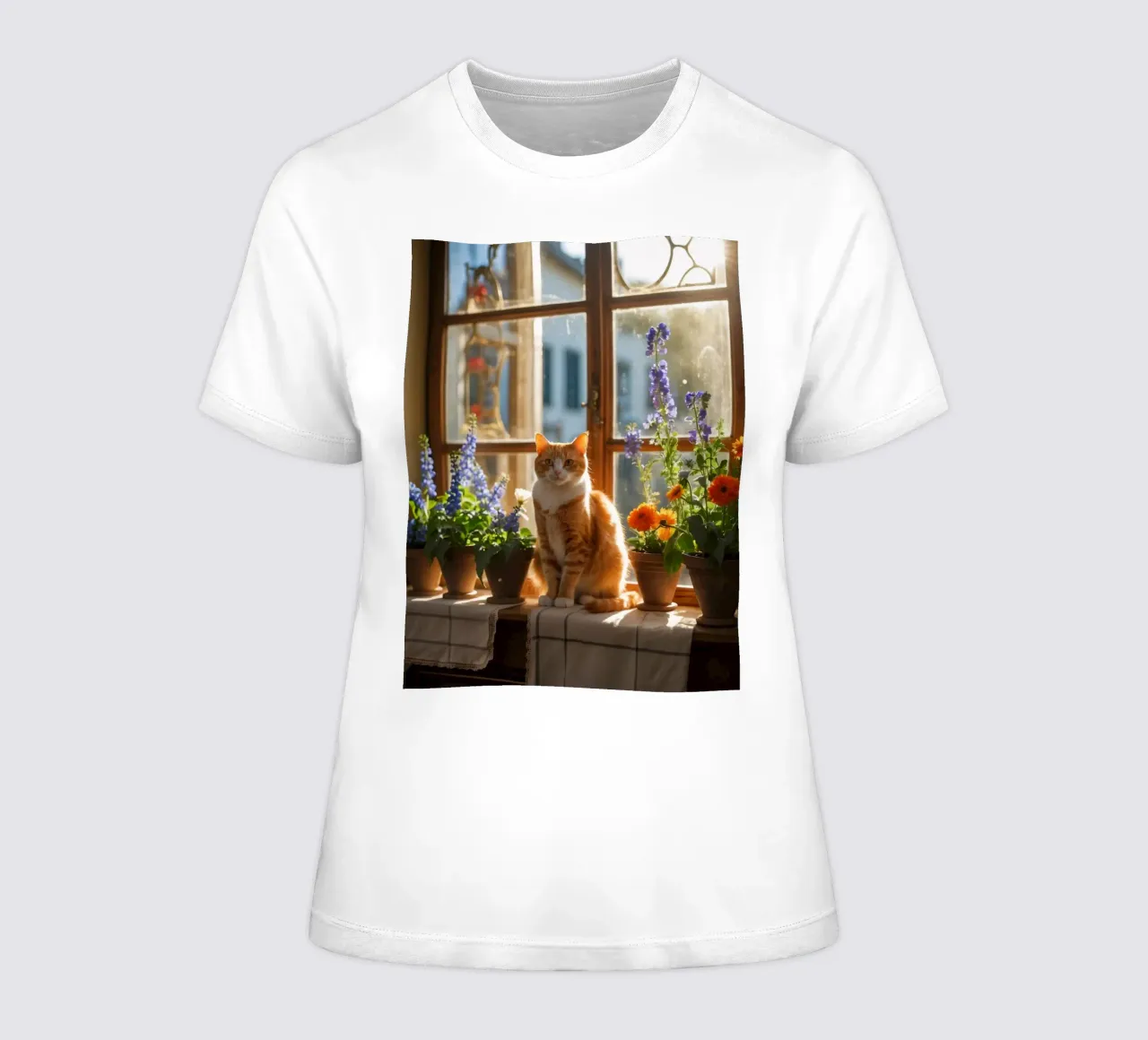 Ginger cat resting windowsill surrounded by colorful flow women's fitted t-shirt by DesignDoodle