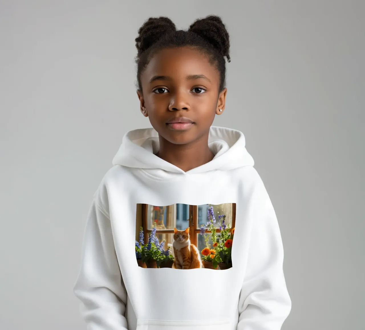 Ginger cat resting windowsill surrounded by colorful flow kids hoodie by DesignDoodle