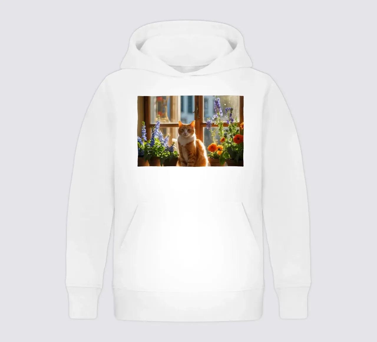 Ginger cat resting windowsill surrounded by colorful flow kids hoodie by DesignDoodle