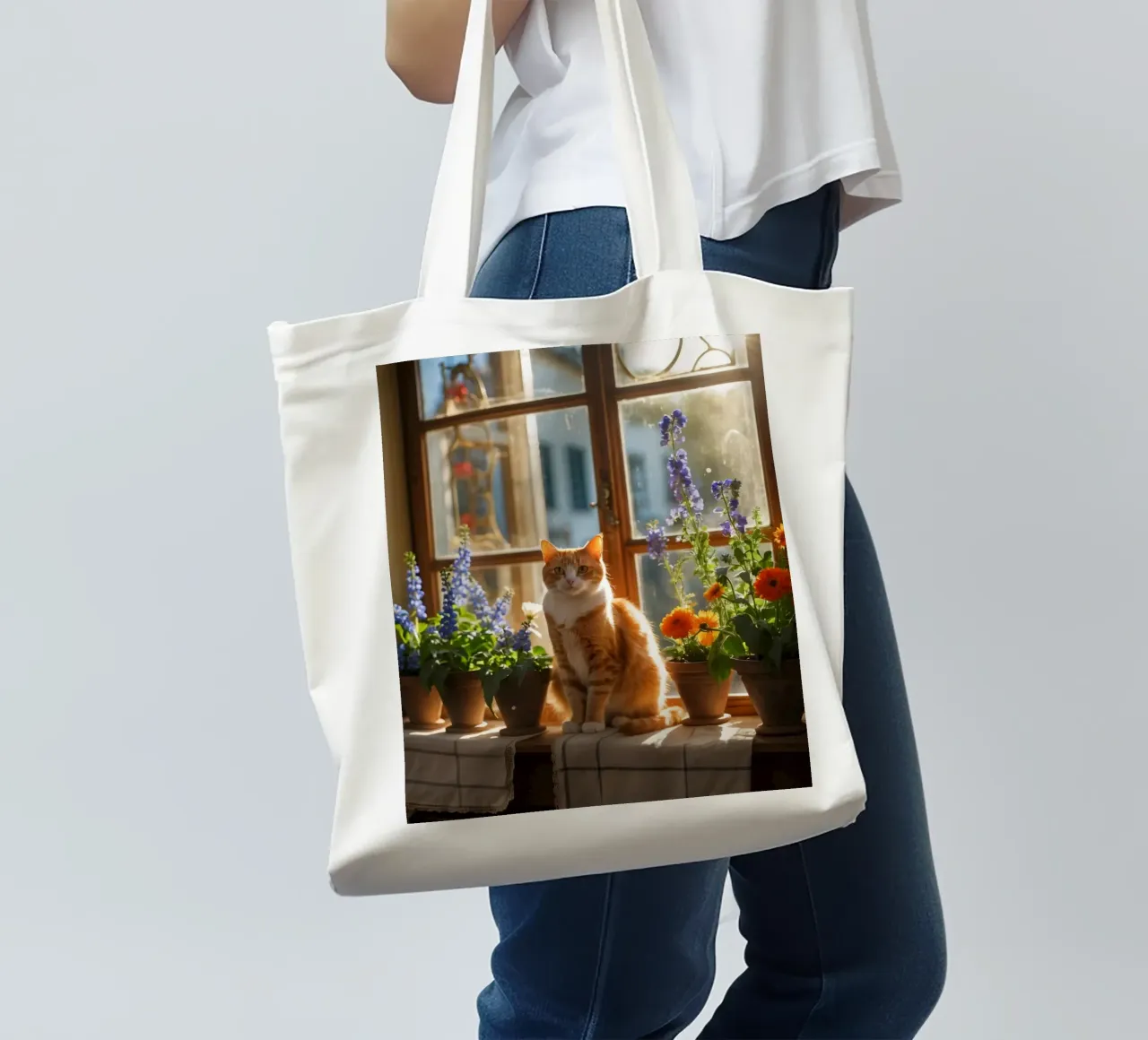 Ginger cat resting windowsill surrounded by colorful flow tote bag by DesignDoodle