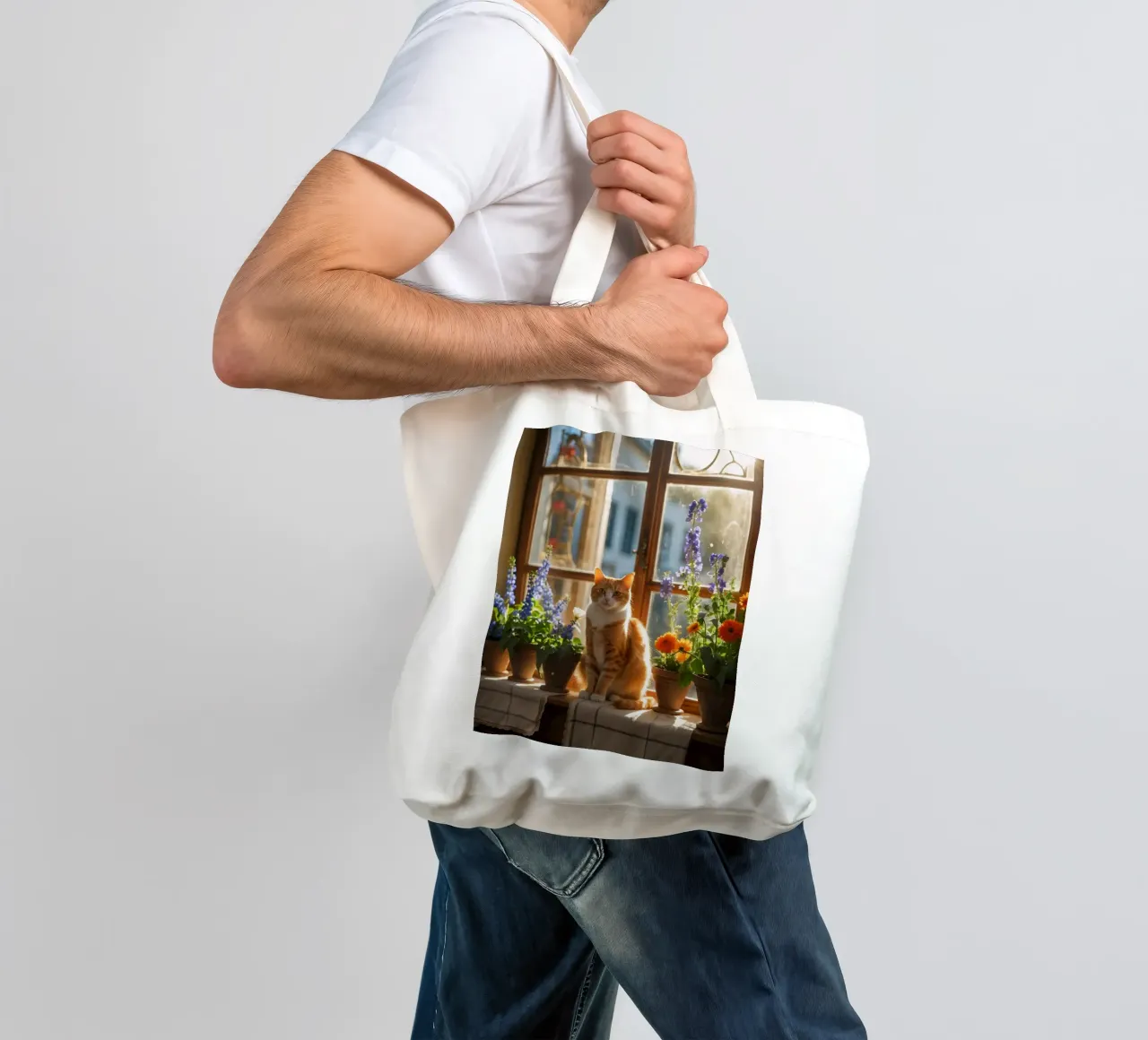 Ginger cat resting windowsill surrounded by colorful flow tote bag by DesignDoodle