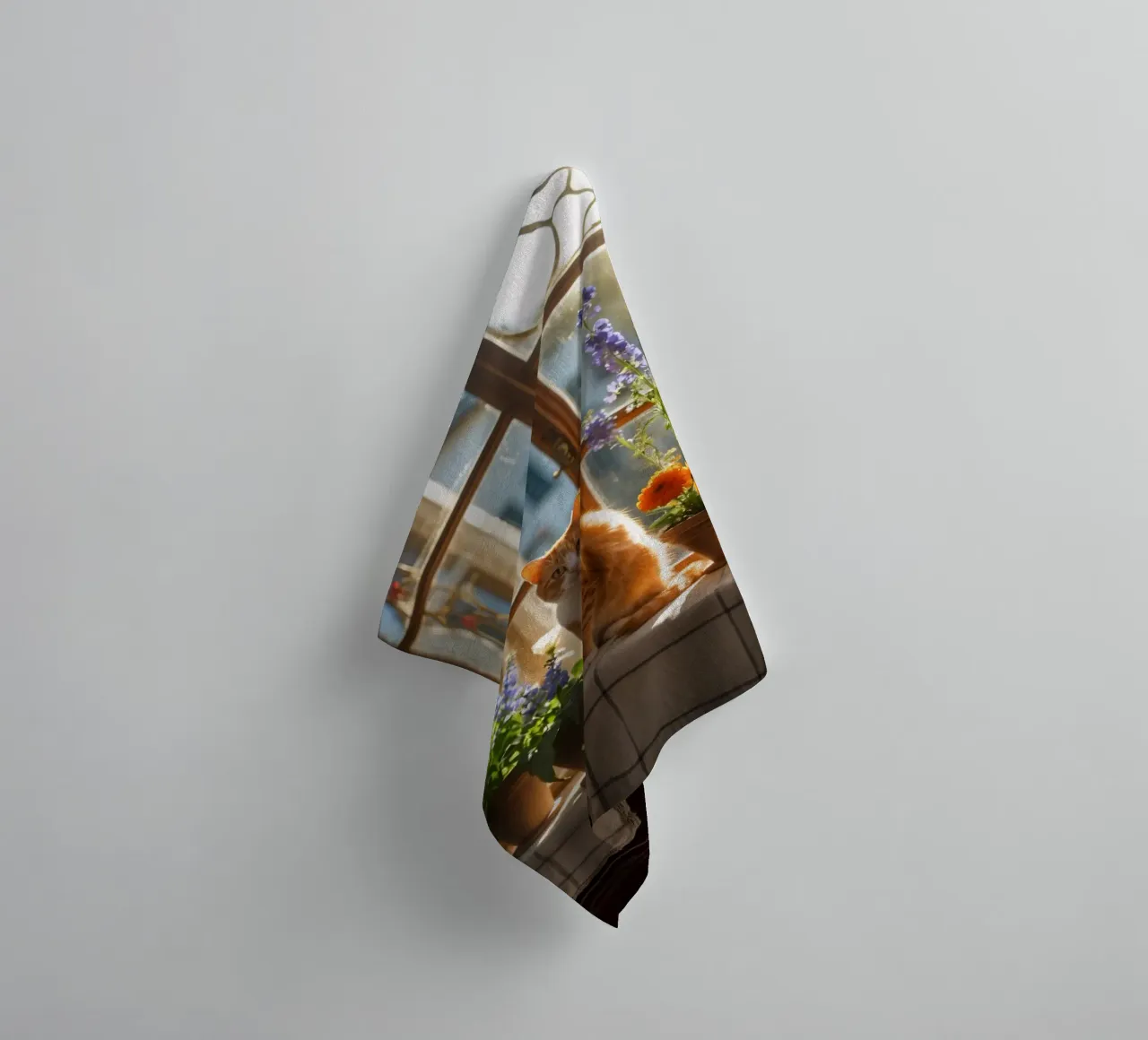 Ginger cat resting windowsill surrounded by colorful flow towel by DesignDoodle