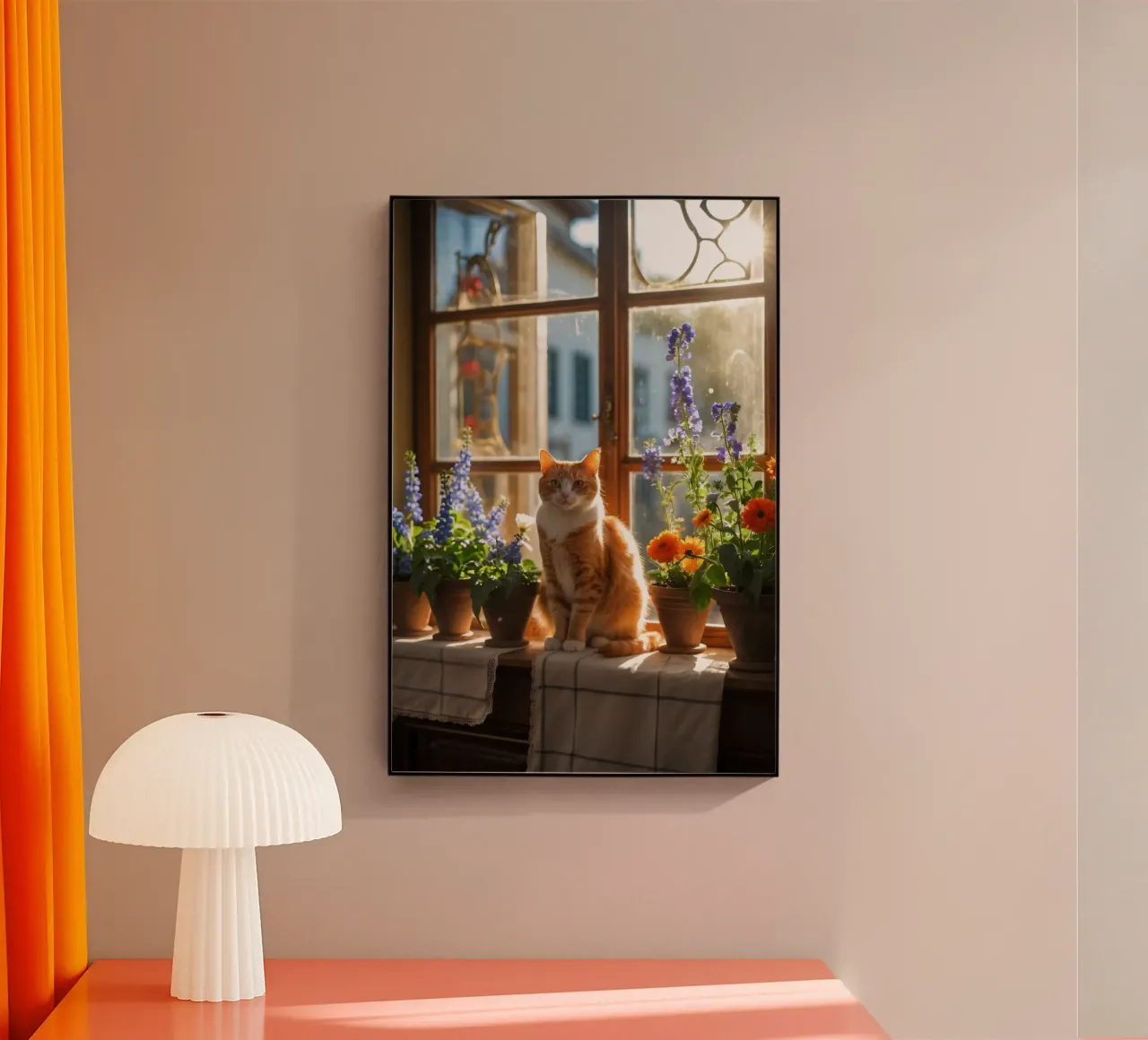 Ginger cat resting windowsill surrounded by colorful flow acrylic glass by DesignDoodle