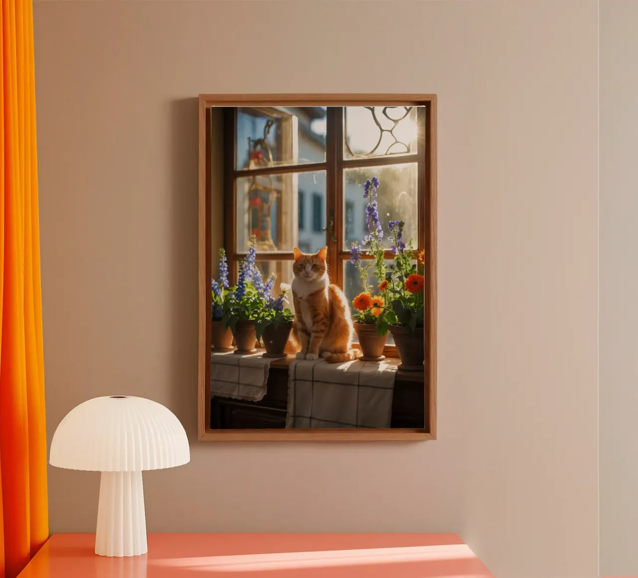 Ginger cat resting windowsill surrounded by colorful flow canvas by DesignDoodle