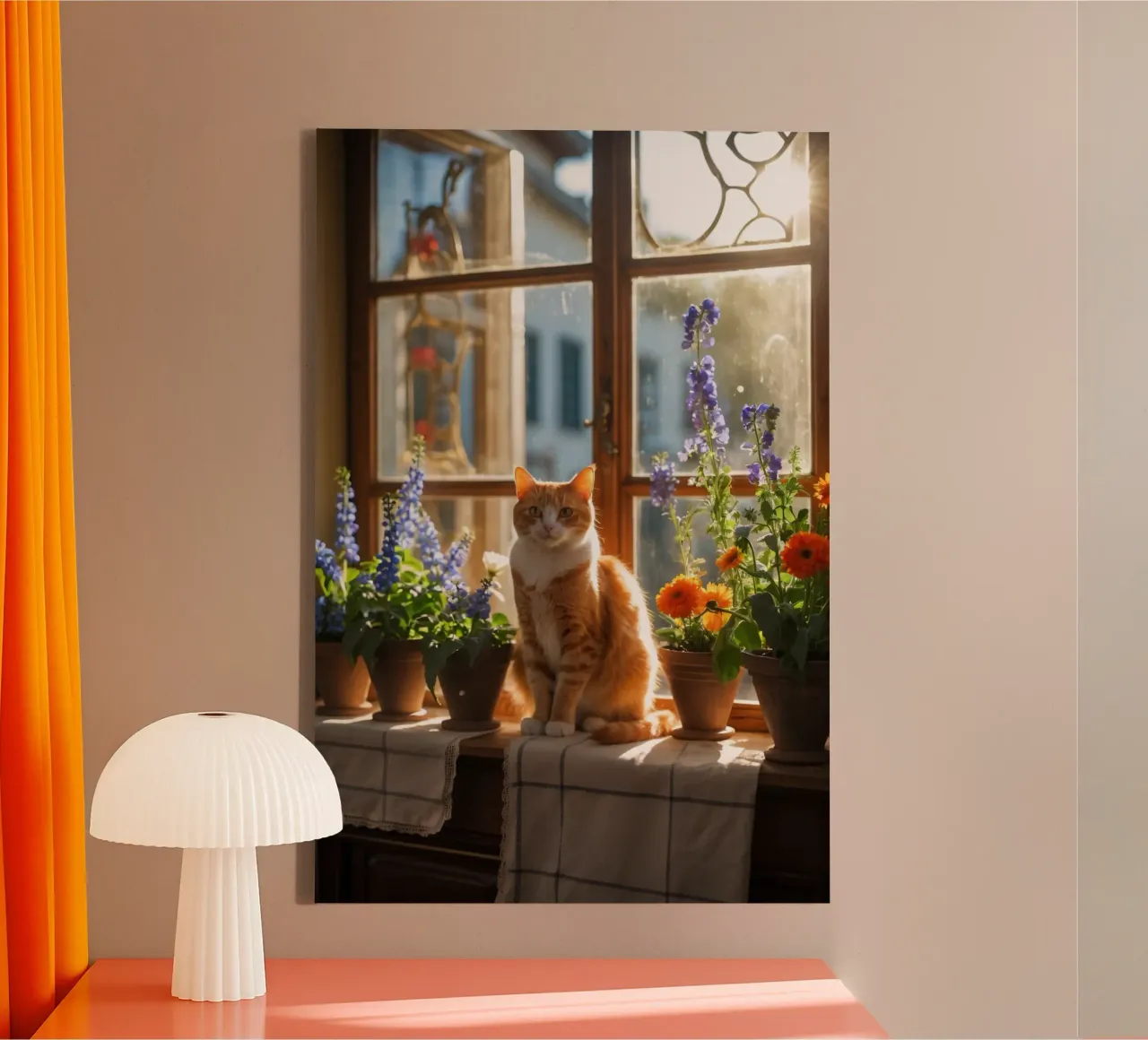 Ginger cat resting windowsill surrounded by colorful flow canvas by DesignDoodle