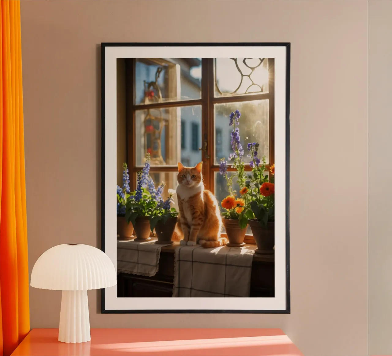 Ginger cat resting windowsill surrounded by colorful flow hahnemühle by DesignDoodle