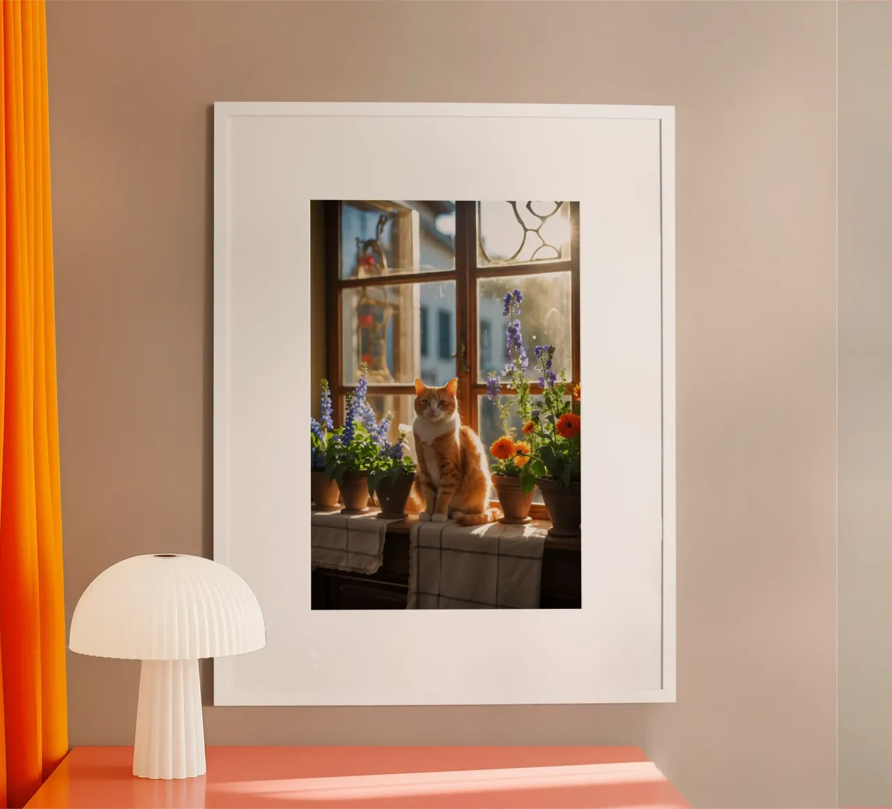 Ginger cat resting windowsill surrounded by colorful flow hahnemühle by DesignDoodle