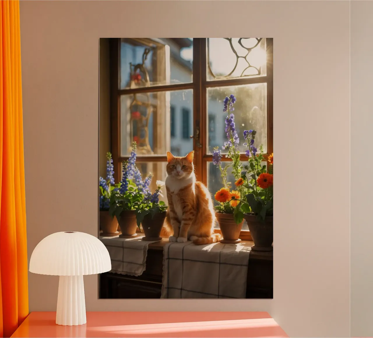 Ginger cat resting windowsill surrounded by colorful flow hahnemühle by DesignDoodle