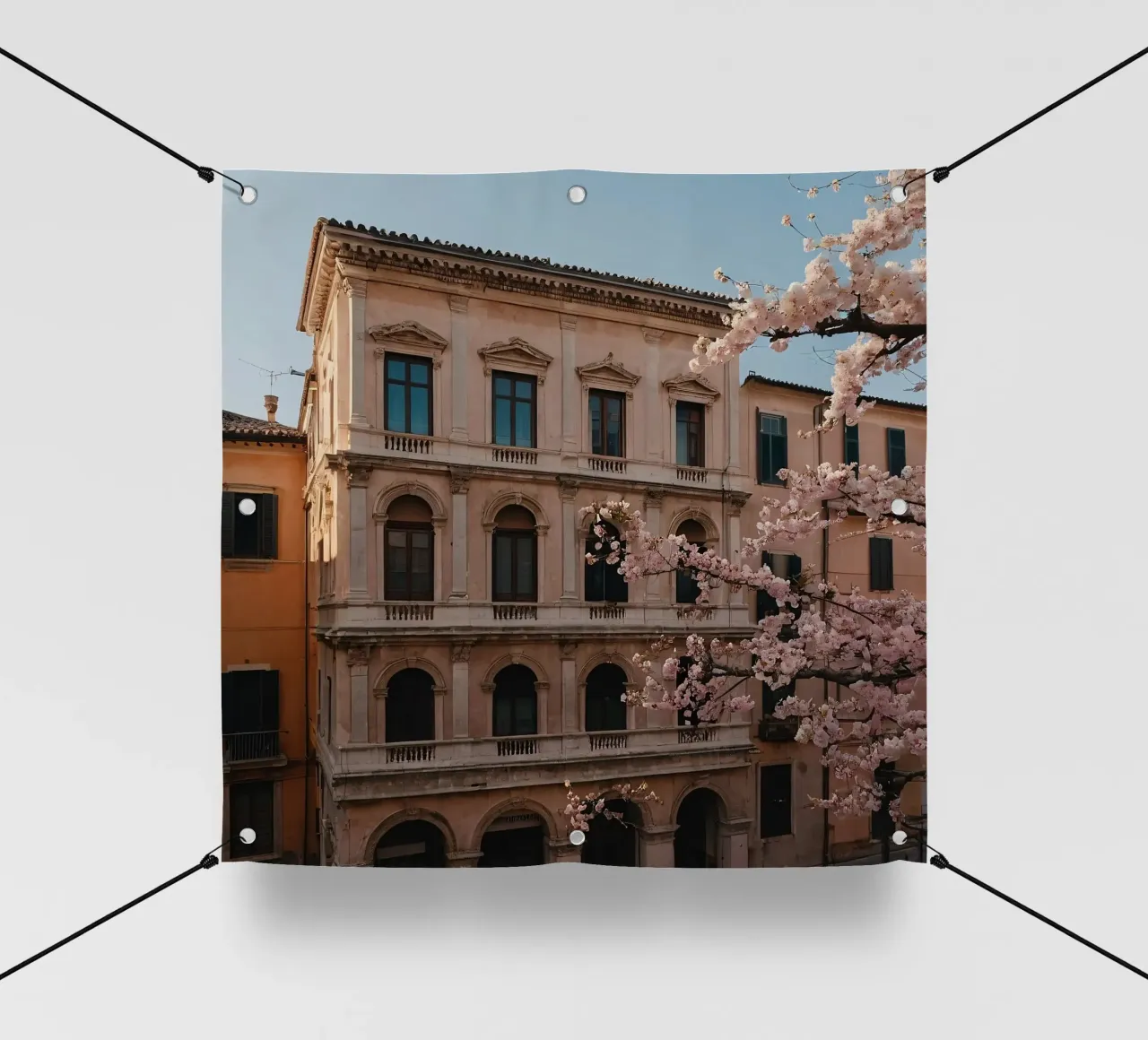 Bellissimo edificio storico con fiori di ciliegio in fiore telo in pvc da DesignDoodle