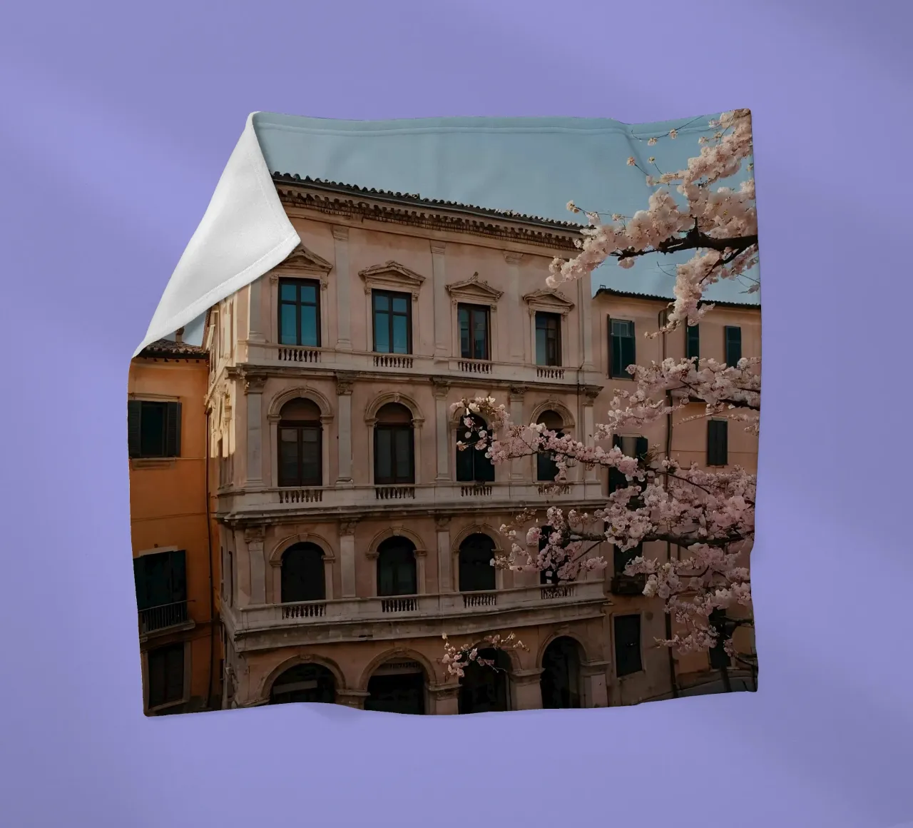 Bellissimo edificio storico con fiori di ciliegio in fiore coperta in pile da DesignDoodle