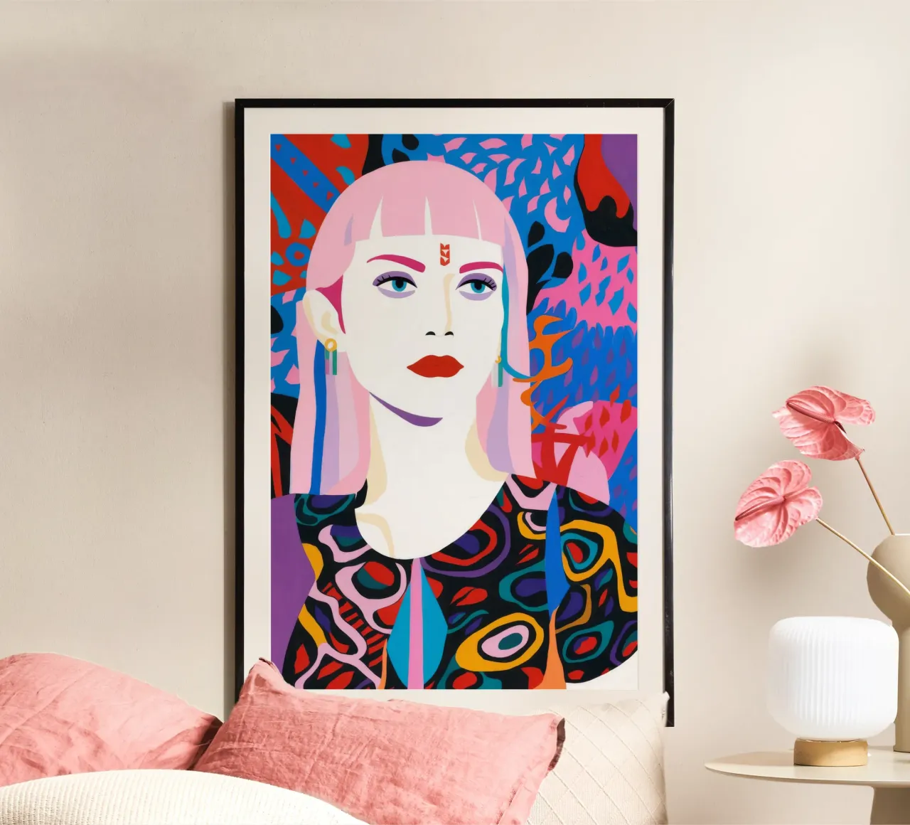 Sguardo sacro al neon poster con telaio in legno da Arcane Shade
