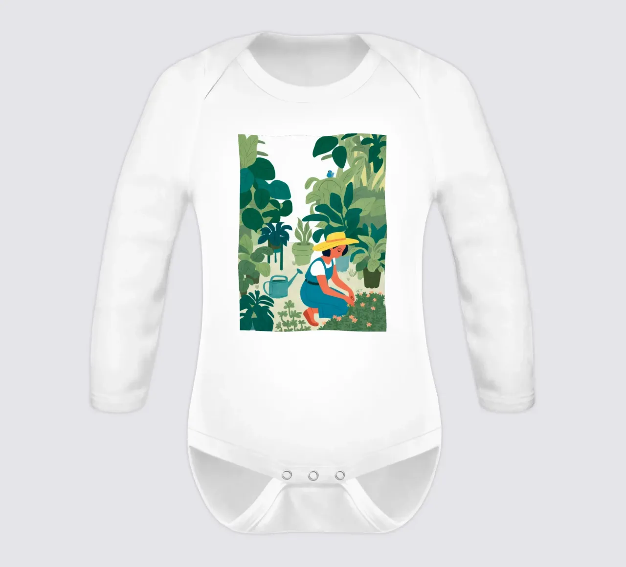 Garden Time Calm long-sleeve baby romper by Arcane Shade