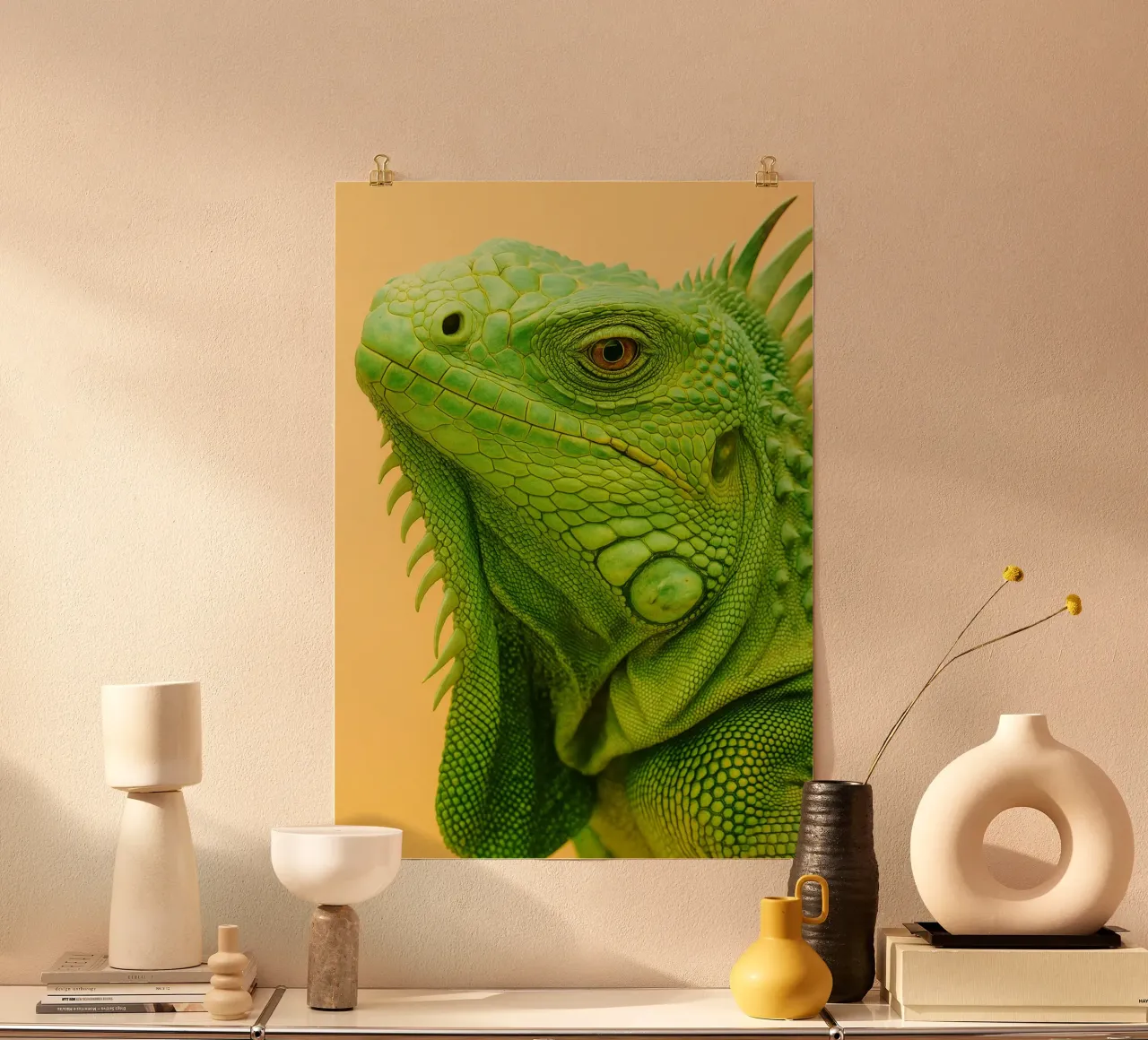 Faccia da iguana poster con telaio in alluminio da kukupuu