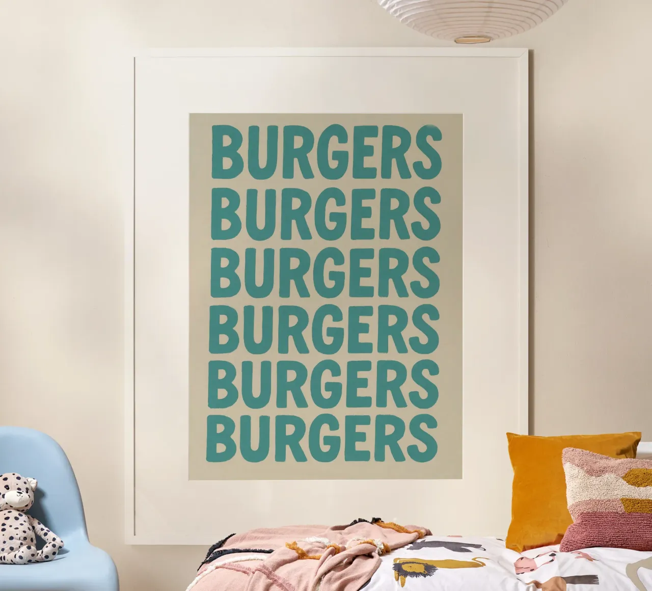 Burgers Word Bold Typography poster with aluminum frame by Peaches Art Prints