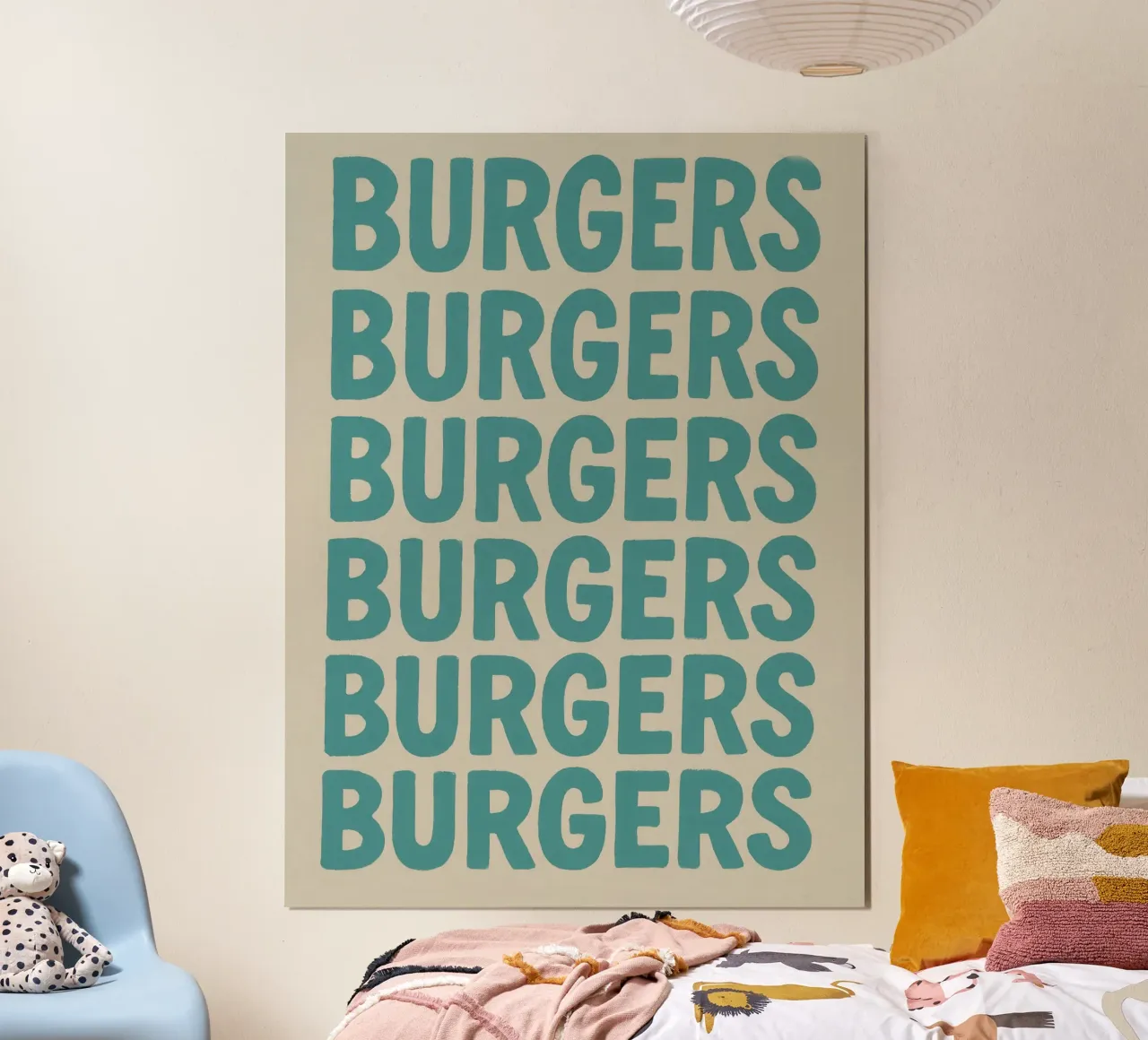 Burgers Word Bold Typography poster with aluminum frame by Peaches Art Prints