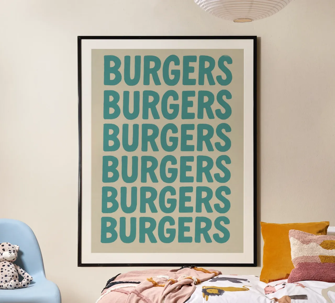 Burgers Word Bold Typography poster with aluminum frame by Peaches Art Prints