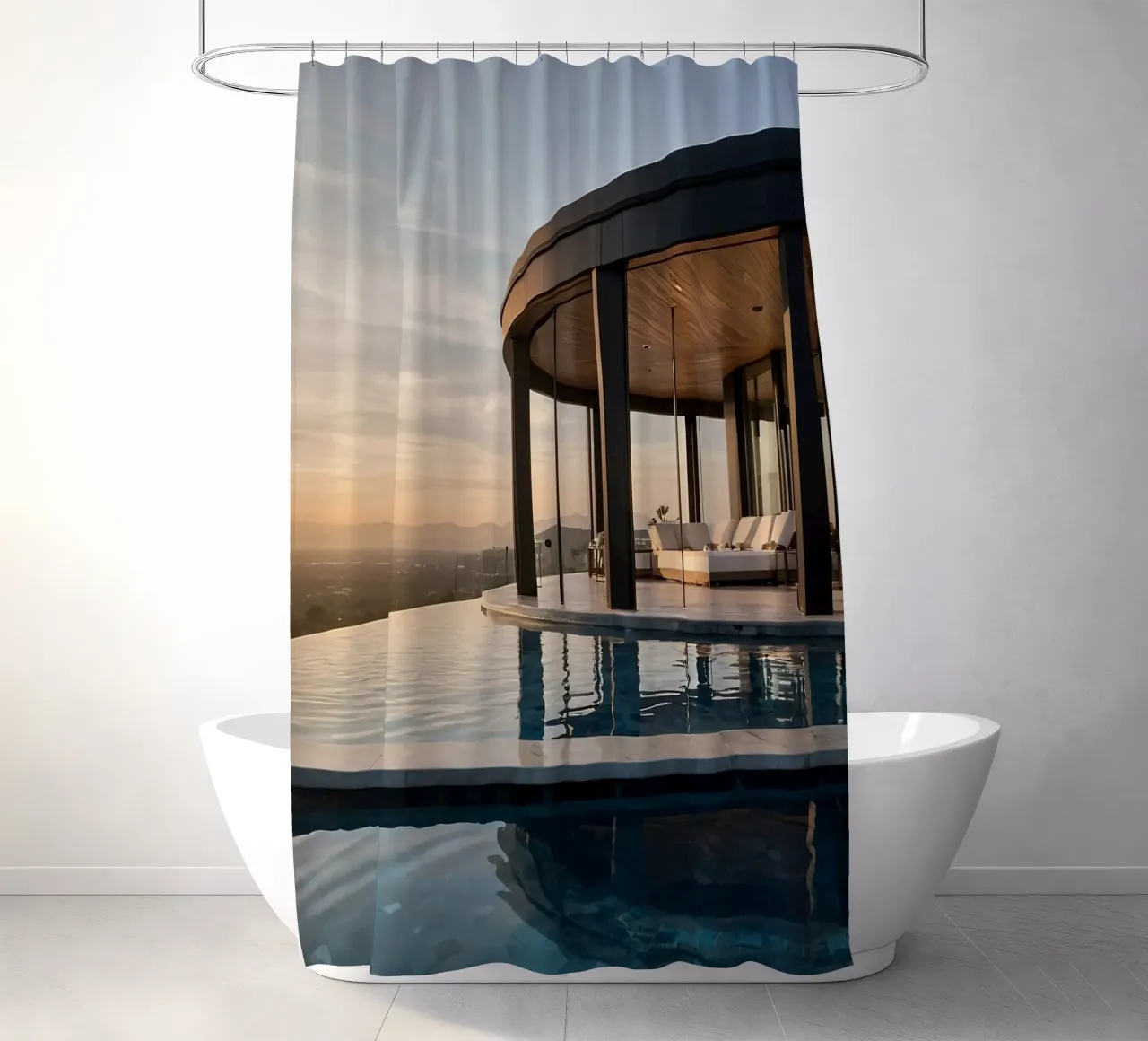 Luxury villa overlooking sunset with modern architecture shower curtain by DesignDoodle