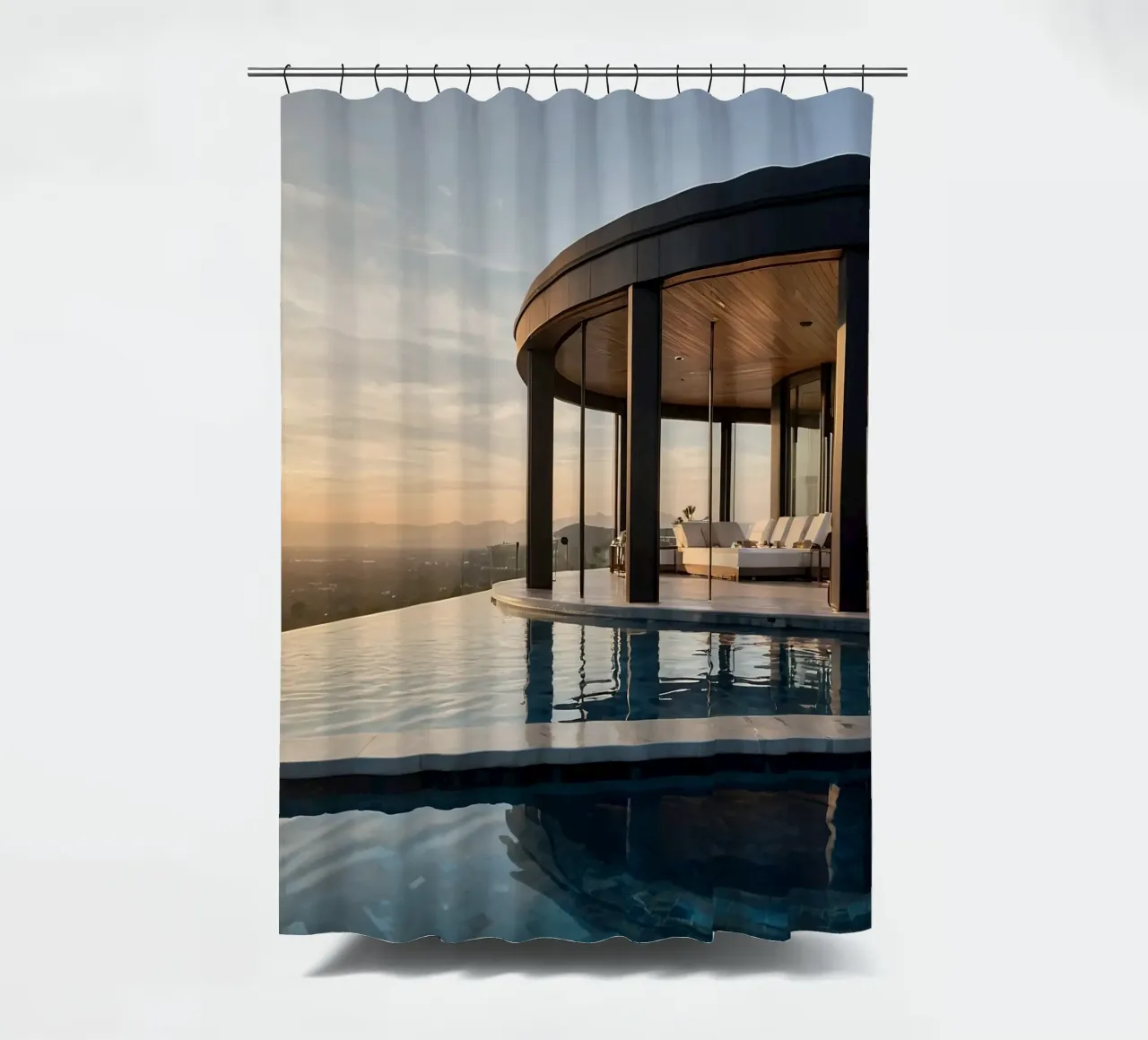 Luxury villa overlooking sunset with modern architecture shower curtain by DesignDoodle