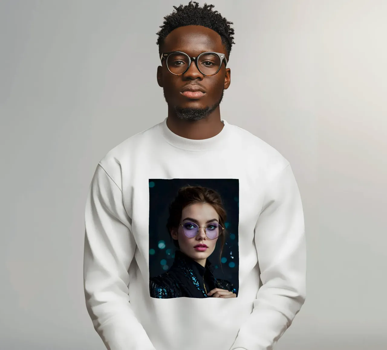 Model showt stijlvolle bril met fascinerende make-up sweatshirt van DesignDoodle