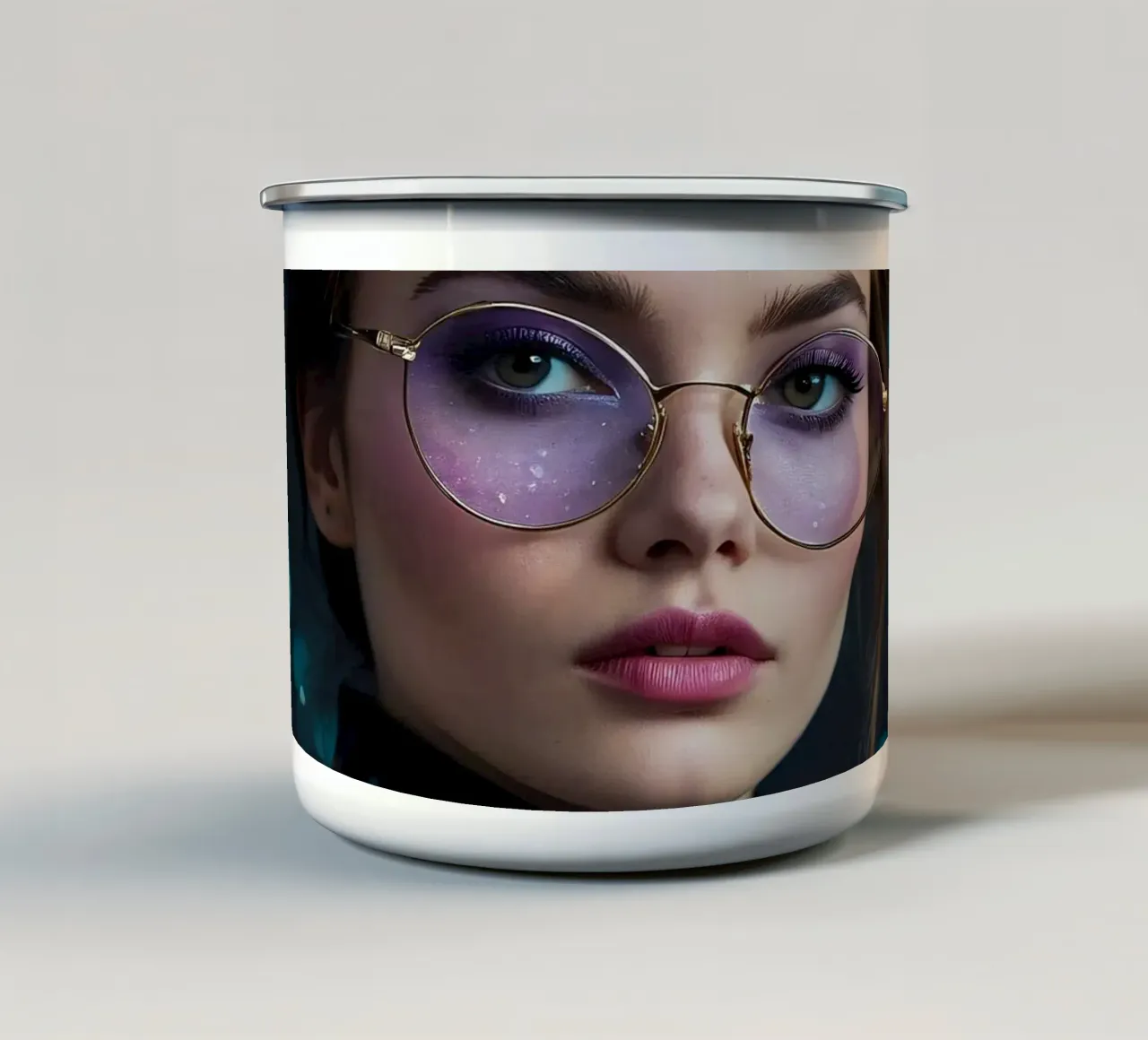 Model showt stijlvolle bril met fascinerende make-up emaille mok van DesignDoodle