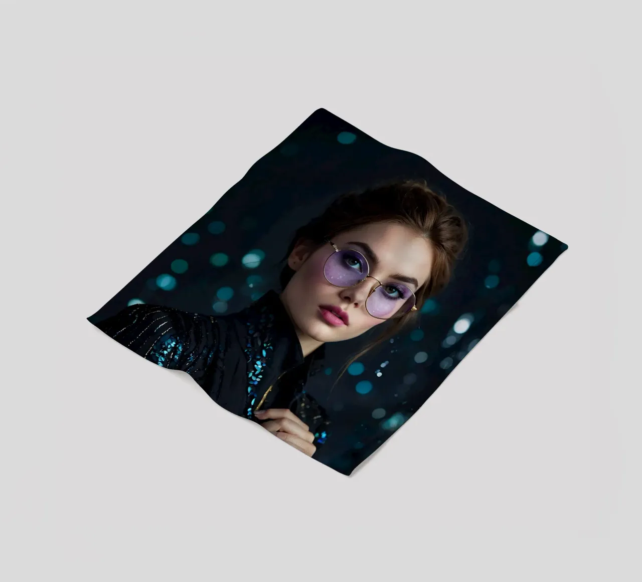 Model showt stijlvolle bril met fascinerende make-up fleecedeken van DesignDoodle
