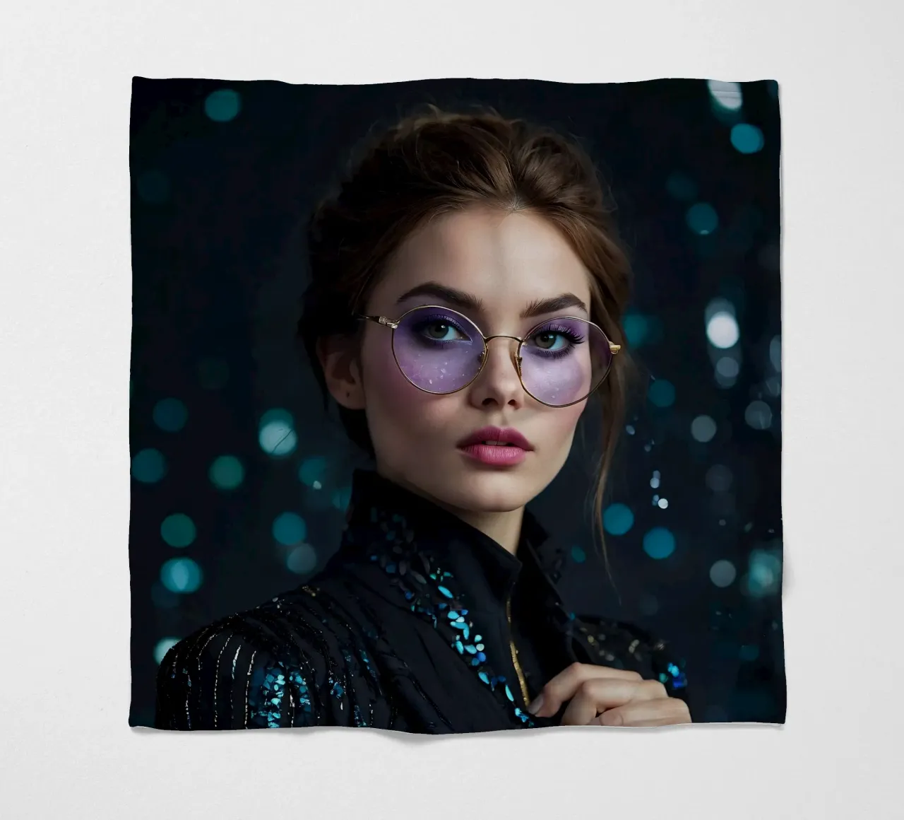Model showt stijlvolle bril met fascinerende make-up fleecedeken van DesignDoodle